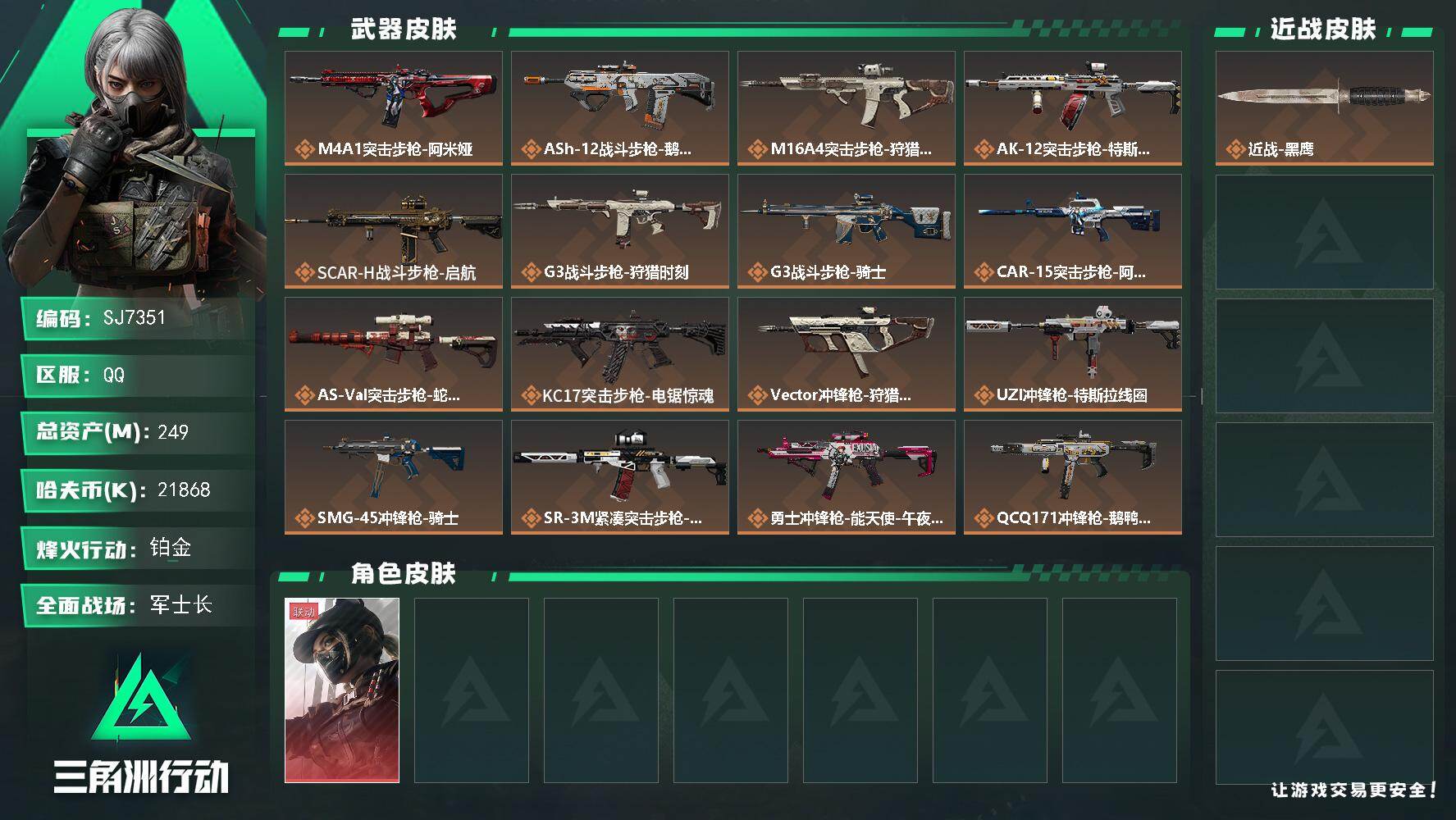 三角洲行动账号QQ【SJ7351】总资产(M)：249M/哈夫币(K)：21868K/哈夫币(K)：21868K/传说枪皮数：20/全面战场等级：50_段位：军士长/烽火地带等级：60_段位：铂金/露娜-黑·天际线/
