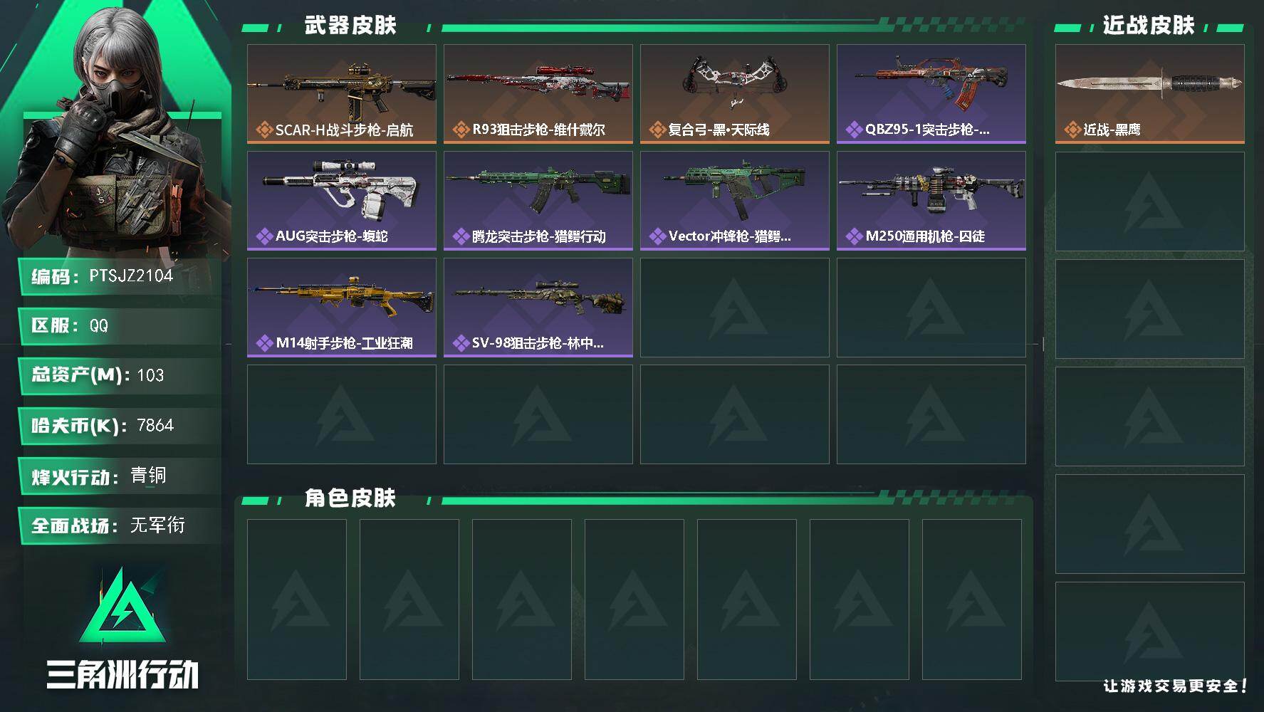 三角洲行动账号QQ【PTSJZ2104】总资产(M)：103M/哈夫币(K)：7864K/哈夫币(K)：7864K/传