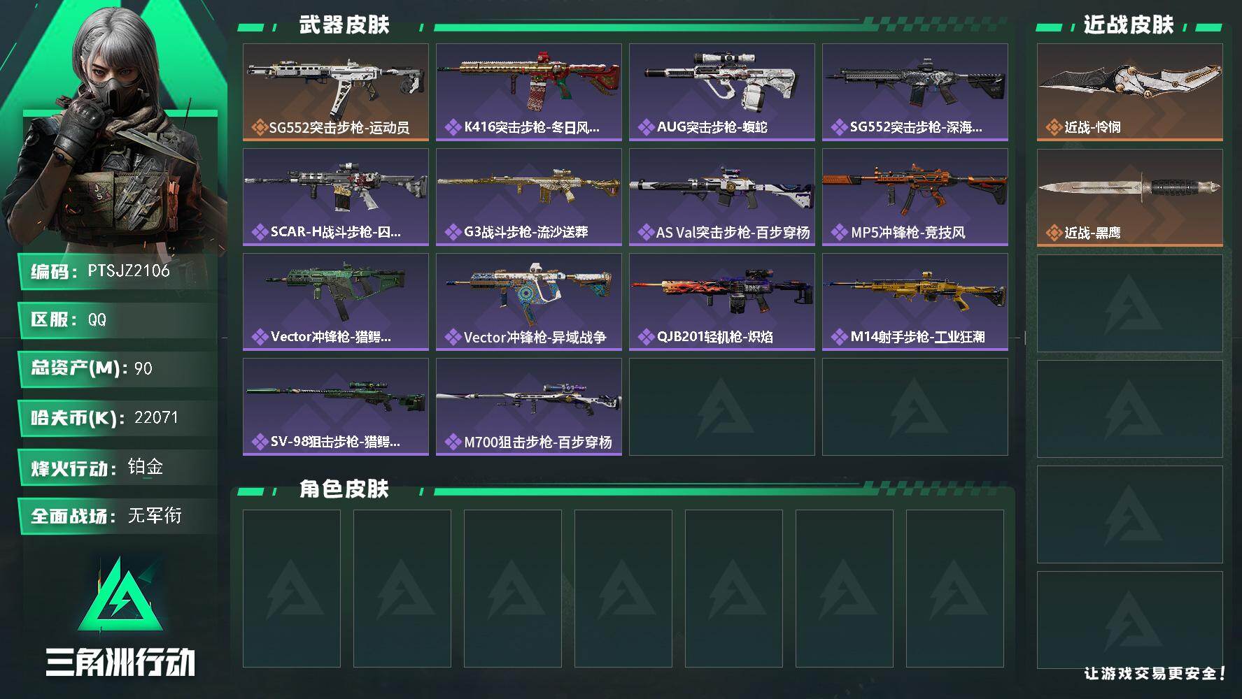 三角洲行动账号QQ【PTSJZ2106】总资产(M)：90M/哈夫币(K)：22071K/哈夫币(K)：22071K/