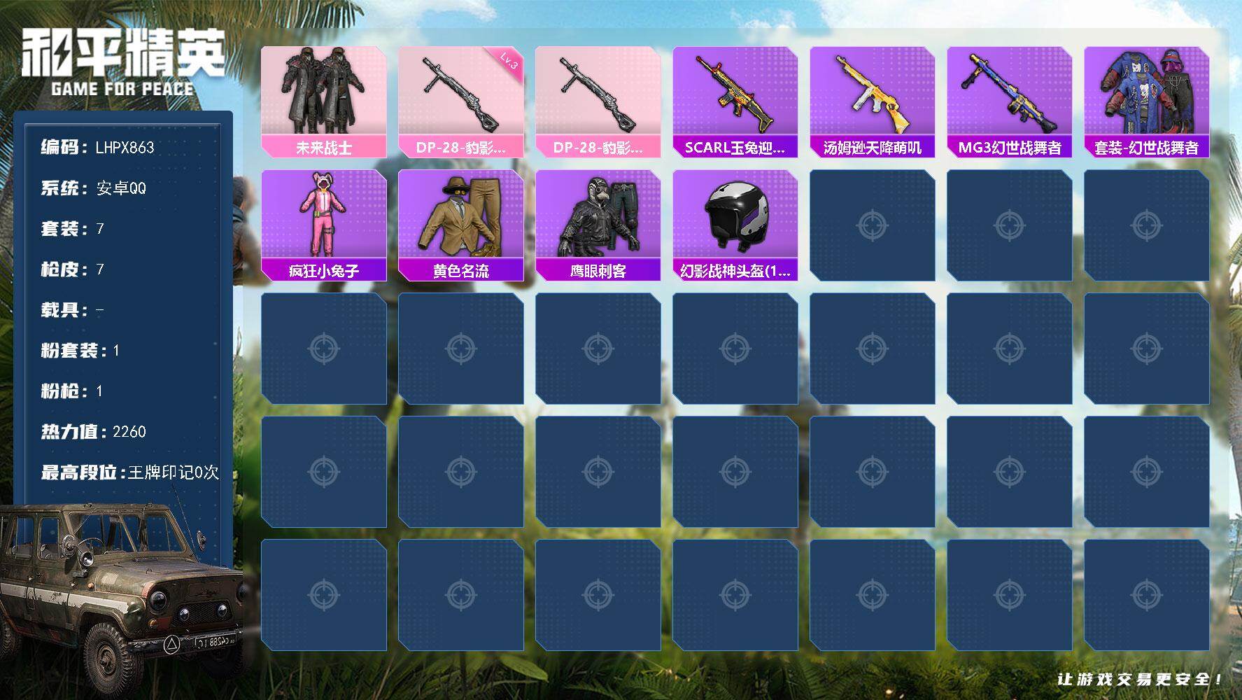 和平精英账号安卓QQ【特价出售/店主推荐】安卓 手Q-1粉装-1特效枪-0载具-0粉色飞行器-2260热力值-0王牌印记-7套装-7枪皮【粉色套装】：粉装-未来战士【粉色枪皮等级】：DP-28-豹影疾电(三级)【粉色枪