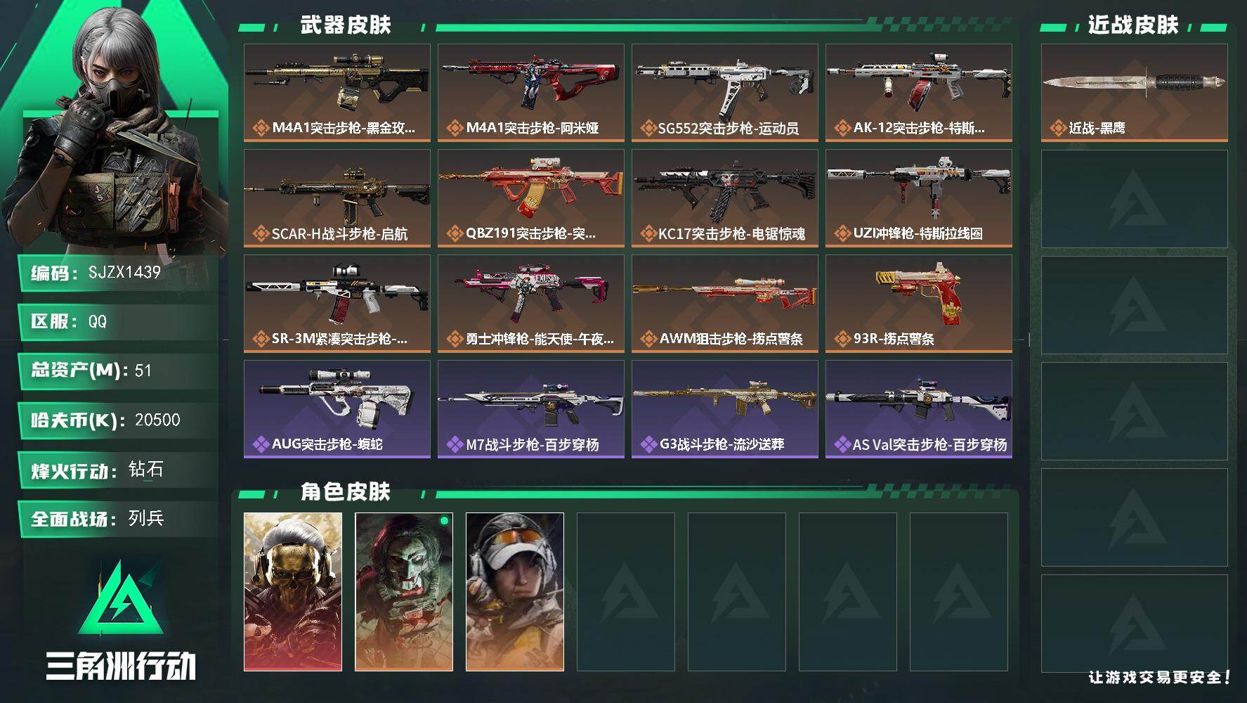 三角洲行动账号QQ【SJZX1439】总资产(M)：51M/哈夫币(K)：20500K/哈夫币(K)：20500K/传说枪皮数：12/全面战场等级：8_段位：列兵/烽火地带等级：60_段位：钻石/红狼-蚀金玫瑰/红狼