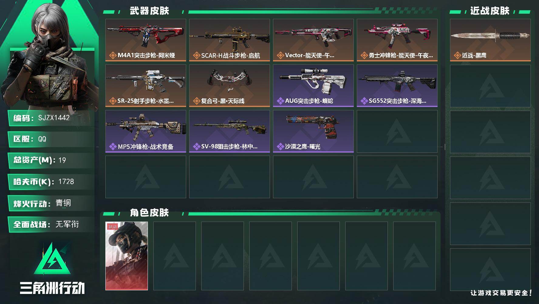 三角洲行动账号QQ【SJZX1442】总资产(M)：19M/哈夫币(K)：1728K/哈夫币(K)：1728K/传说枪