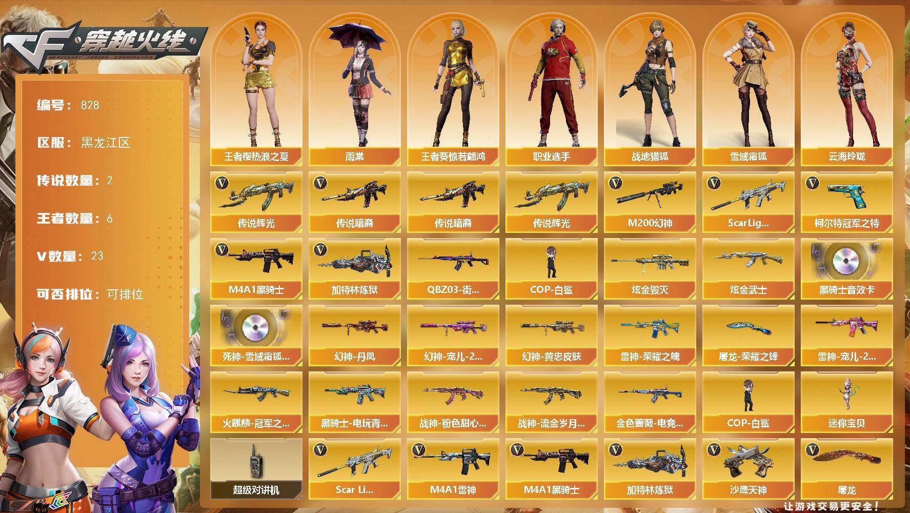穿越火线账号北部战区黑龙江一区[16335327]黑龙江区-28V-6王者武器数-2炫金武器数
【传说武器】：传说暗裔，传说辉光
【热门武器】：传说暗裔，传说辉光，Scar Light-白虎，M200-幻神，QBZ03-街机，柯尔