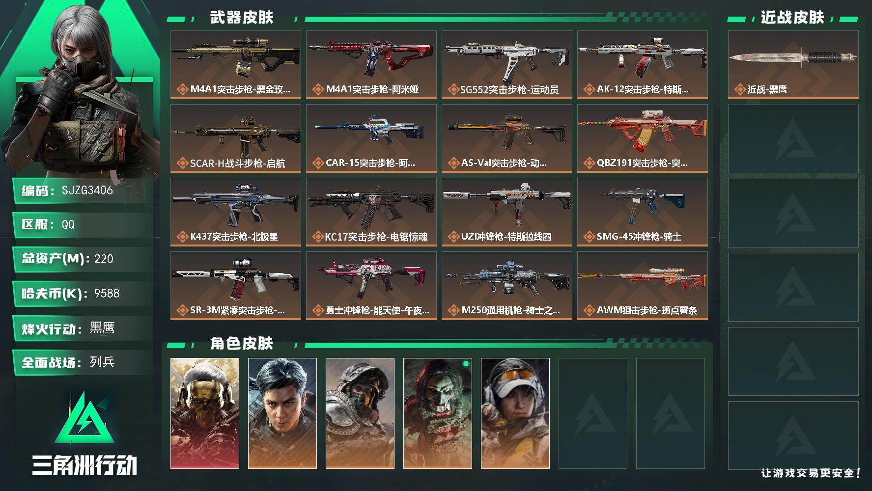 三角洲行动账号QQ【SJZG3406】总资产(M)：220M/哈夫币(K)：9588K/哈夫币(K)：9588K/传说枪皮数：18/全面战场等级：13_段位：列兵/烽火地带等级：60_段位：黑鹰/红狼-蚀金玫瑰/威龙