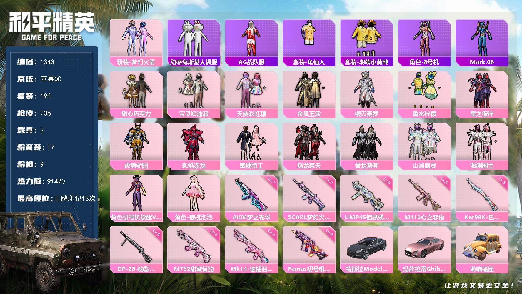 和平精英账号苹果QQ3载具-193套装-236枪皮-【1343】苹果 手Q-17粉装-9特效枪-3载具-5粉色飞行器-9