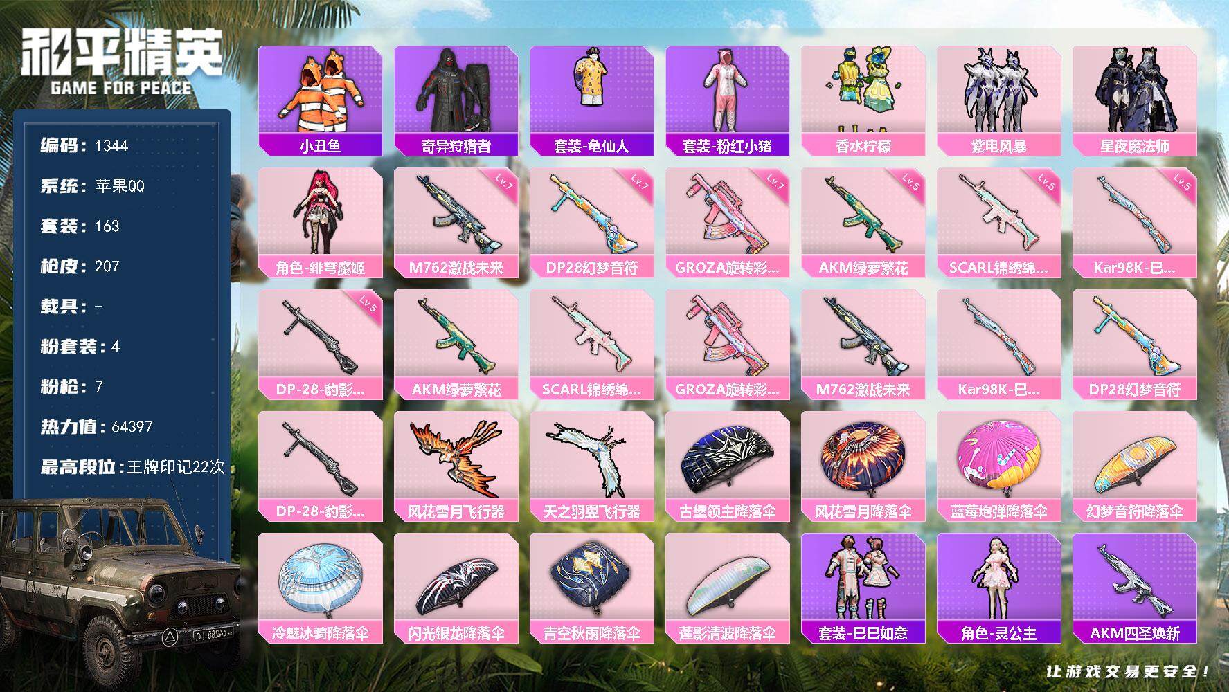 和平精英账号苹果QQ0载具-163套装-207枪皮-【1344】苹果 手Q-4粉装-7特效枪-0载具-2粉色飞行器-64