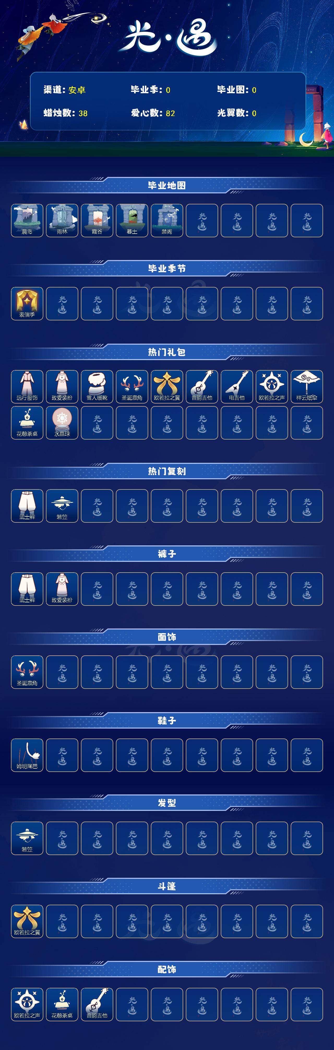 光遇账号vivo渠道服蜡烛数：38/爱心数：82/晨岛/雨林/霞谷/暮土/禁阁/表演季/ 奔离远行服饰/ 致爱装扮/ 雪人鞋/ 圣诞鹿角/ 欧若拉之翼/音韵吉他/ 电吉他/ 欧若拉之声/ 祥云瑞气纸伞/花憩茶桌/雪花水晶