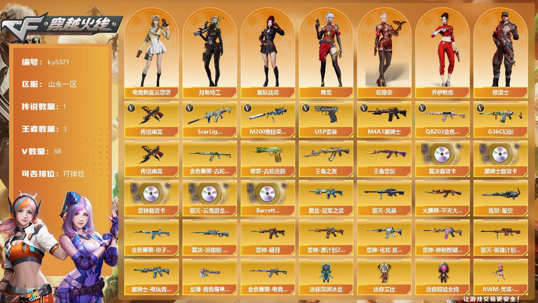 穿越火线账号北部战区山东一区[16336096]山东一区-67V-3王者武器数-0炫金武器数
【传说武器】：传说幽冥
【传说角色】：传说星骇
【热门武器】：传说幽冥，G36C-幻影，QBZ03-金色蔷薇，Scar Light-白