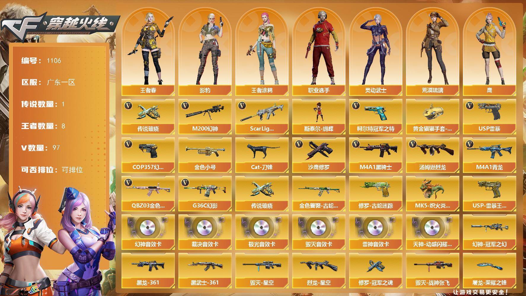 穿越火线账号南部战区广东一区[16338900]广东一区-97V-8王者-0炫金
【传说武器】：传说破晓
【传说角色】：传说星骇
【热门武器】：传说破晓，G36C-幻影，QBZ03-金色蔷薇，Scar Light-白虎，M4A1