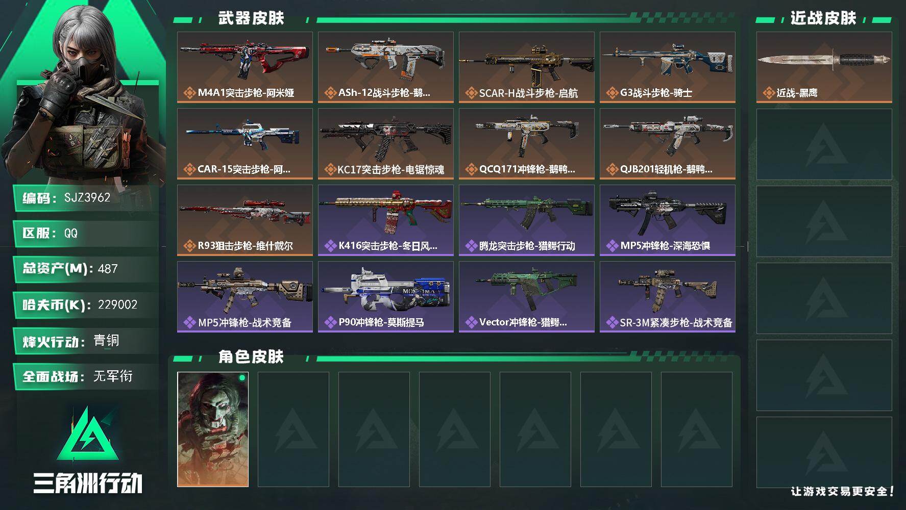 三角洲行动账号QQ【SJZ3962】总资产(M)：487M/哈夫币(K)：229002K/哈夫币(K)：229002K/传说枪皮数：9/全面战场等级：1_段位：无段位/烽火地带等级：60_段位：青铜/红狼-电锯惊魂/