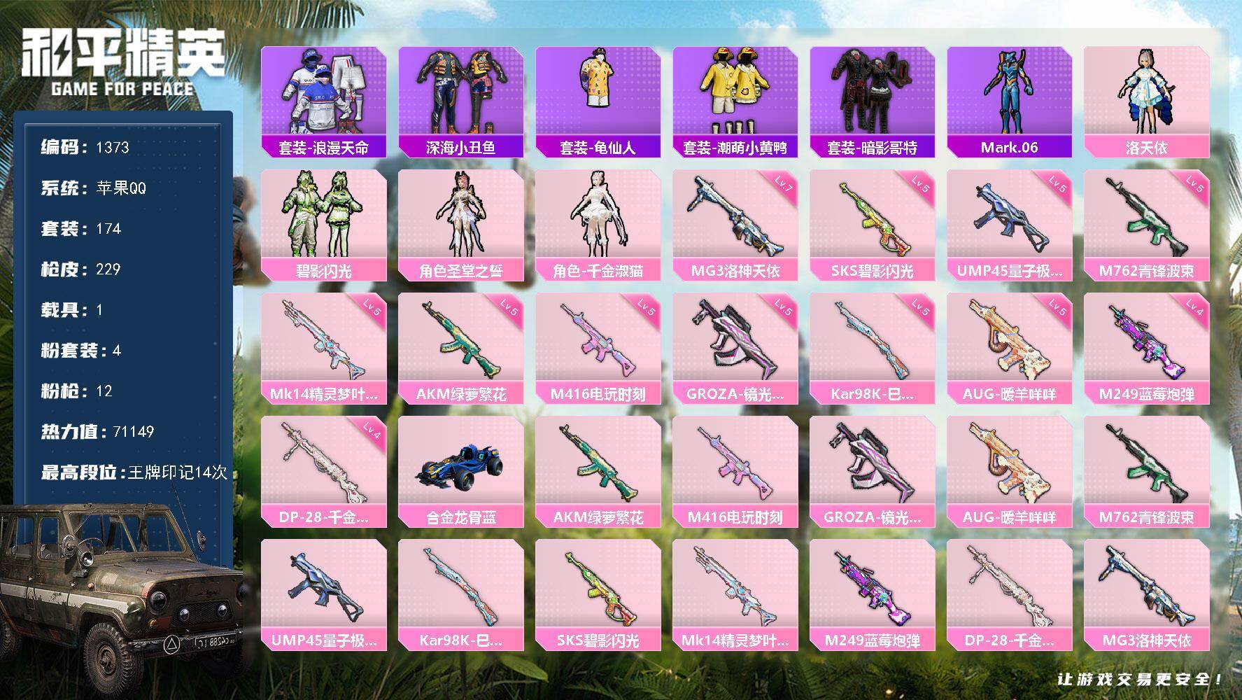 和平精英账号苹果QQ1载具-174套装-229枪皮-【1373】苹果 手Q-4粉装-12特效枪-1载具-1粉色飞行器-7