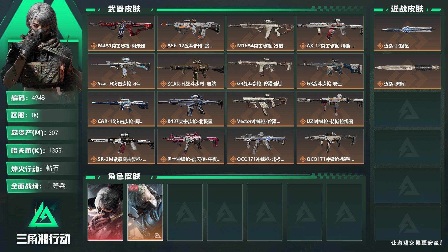 三角洲行动账号QQ总资产(M)：307M/哈夫币(K)：1353K/哈夫币(K)：1353K/传说枪皮数：19/全面战