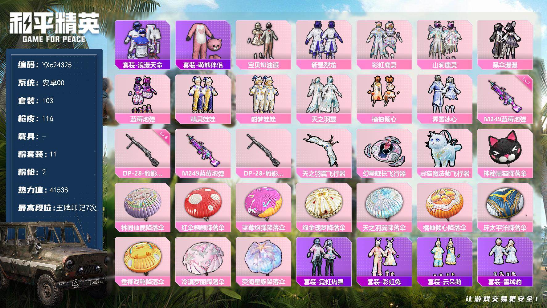 和平精英账号安卓QQ0载具-103套装-116枪皮-【猫鞋】YXc24325-【可二次】【因赛季更新游戏段付以上号为准!