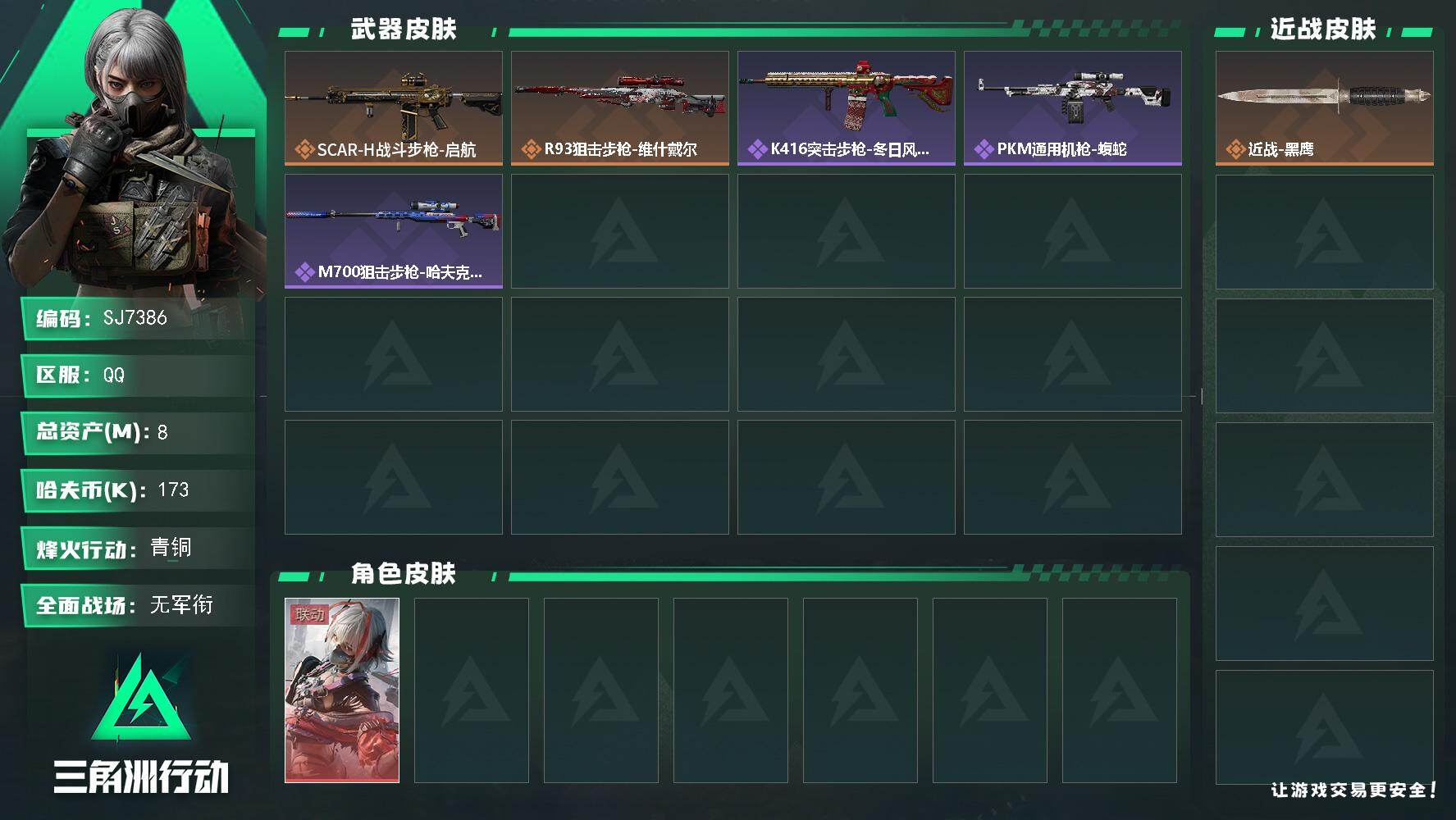 三角洲行动账号QQ【SJ7386】总资产(M)：8M/哈夫币(K)：173K/哈夫币(K)：173K/传说枪皮数：2/全面战场等级：1_段位：无段位/烽火地带等级：37_段位：青铜/骇爪-维什戴尔/近战-黑鹰/SCA