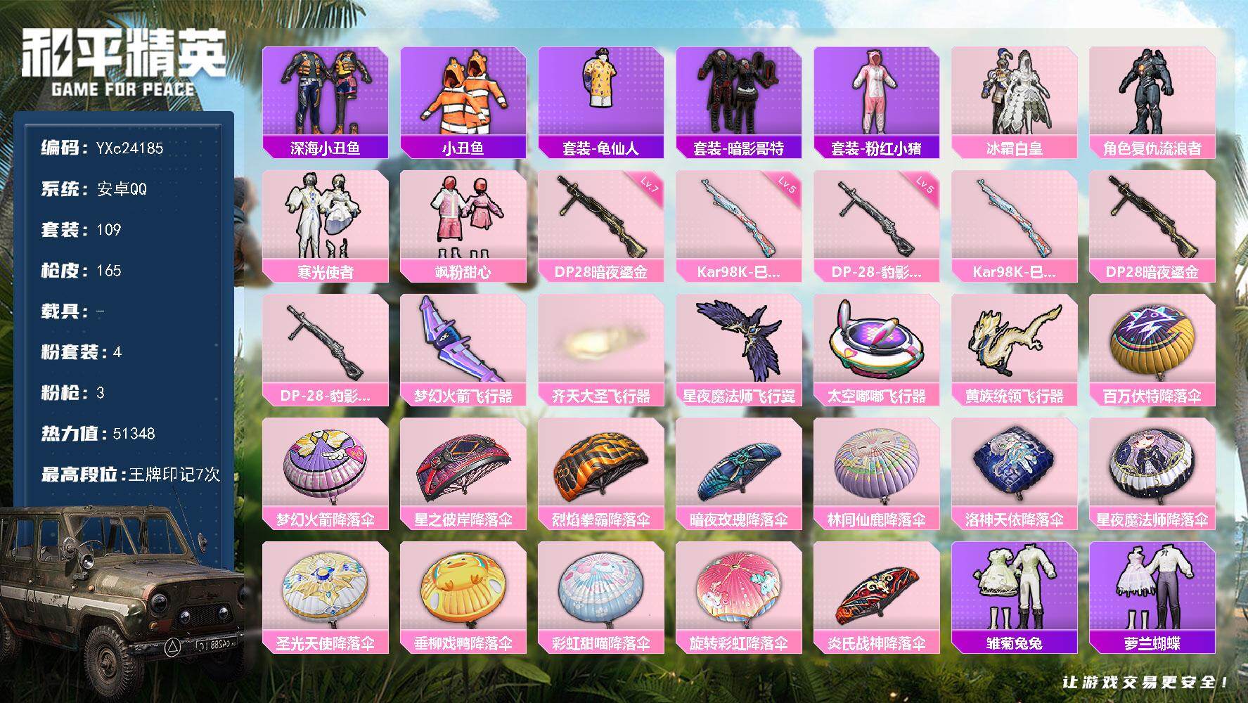 和平精英账号安卓QQ0载具-109套装-165枪皮-【地铁满天赋 哥特 双马尾】YXc24185-【可二次】【因赛季更新