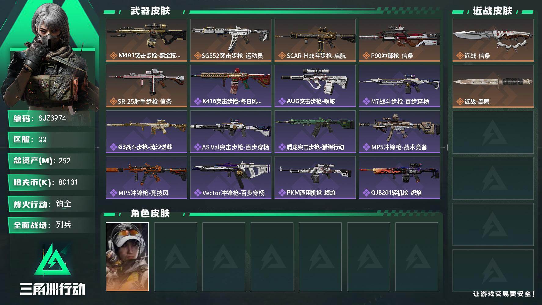 三角洲行动账号QQ【SJZ3974】总资产(M)：252M/哈夫币(K)：80131K/哈夫币(K)：80131K/传说枪皮数：5/全面战场等级：11_段位：列兵/烽火地带等级：60_段位：铂金/露娜-金牌射手/近战