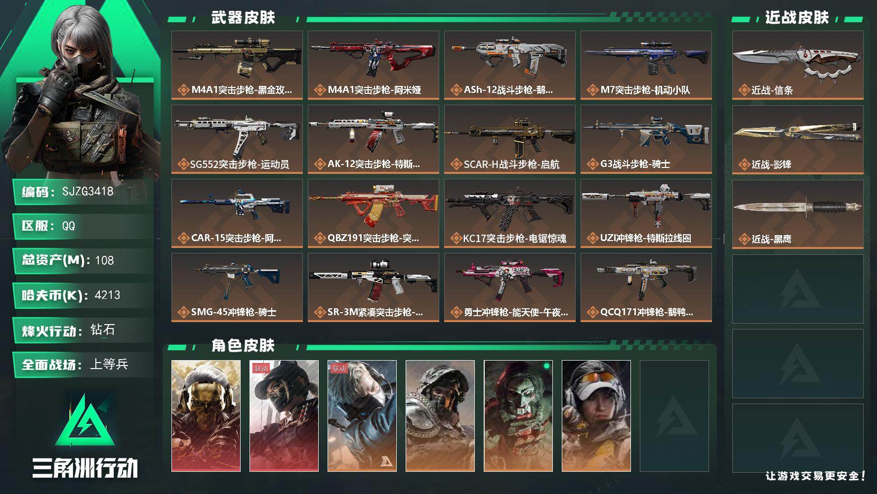 三角洲行动账号QQ【SJZG3418】总资产(M)：108M/哈夫币(K)：4213K/哈夫币(K)：4213K/传说