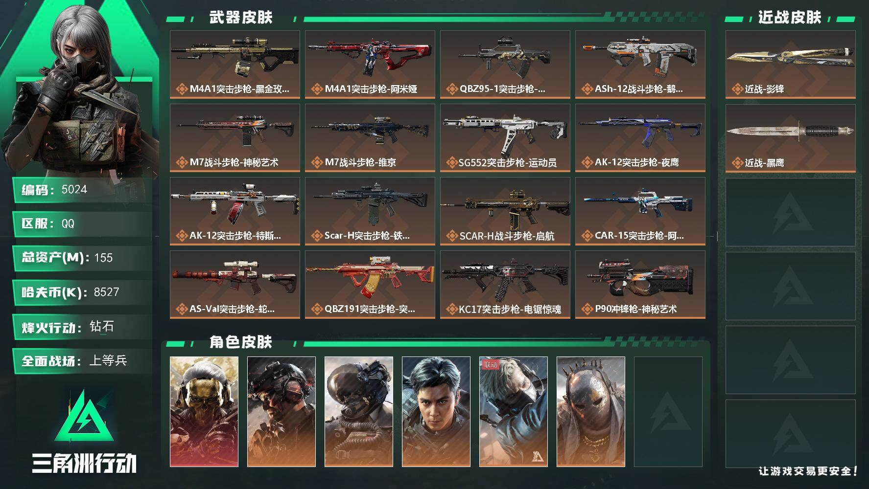 三角洲行动账号QQ总资产(M)：155M/哈夫币(K)：8527K/哈夫币(K)：8527K/传说枪皮数：30/全面战