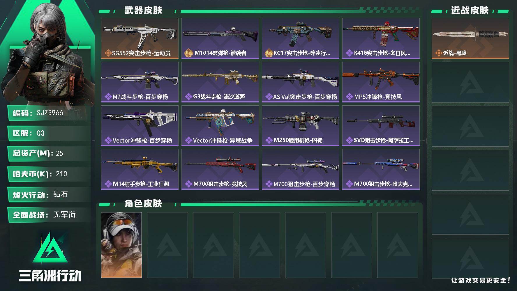 三角洲行动账号QQ【SJZ3966】总资产(M)：25M/哈夫币(K)：210K/哈夫币(K)：210K/传说枪皮数：1/全面战场等级：1_段位：无段位/烽火地带等级：60_段位：钻石/露娜-金牌射手/近战-黑鹰/S