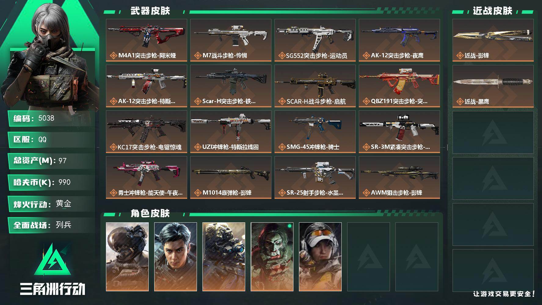 三角洲行动账号QQ总资产(M)：97M/哈夫币(K)：990K/哈夫币(K)：990K/传说枪皮数：20/全面战场等级