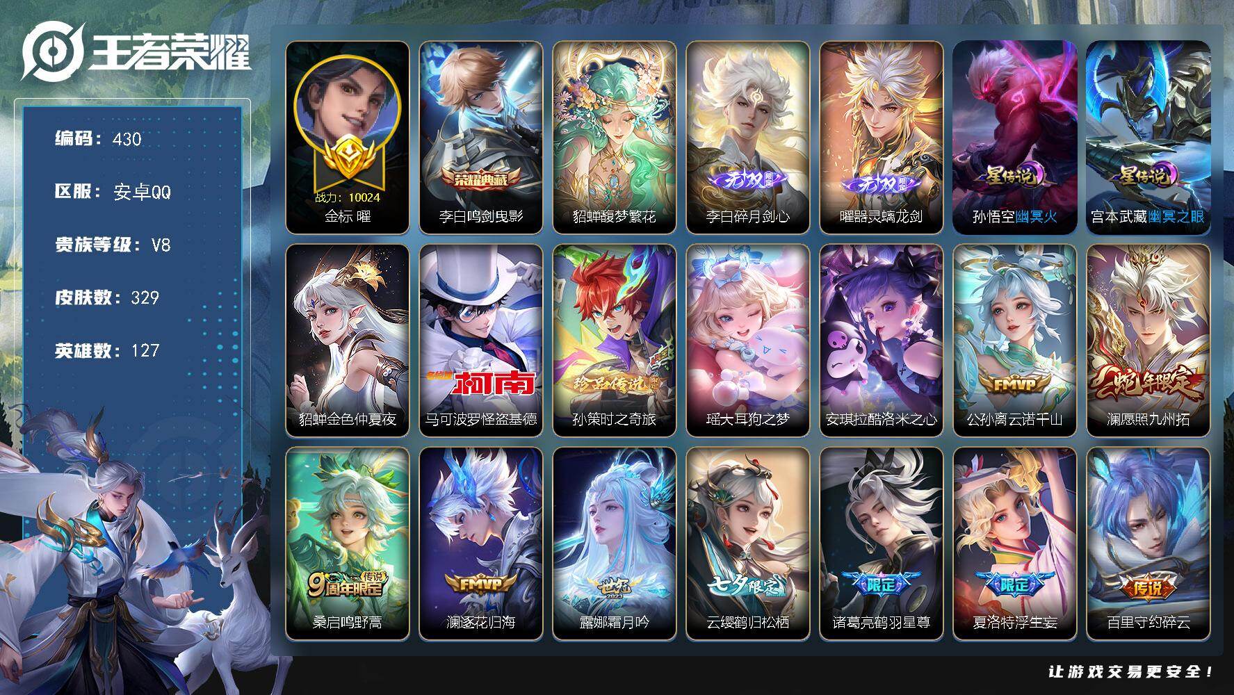 王者荣耀账号安卓QQ127英雄-329皮肤-安卓Q-V8-127英雄-329皮肤-1典藏皮肤-1珍品无双-2无双-4珍品