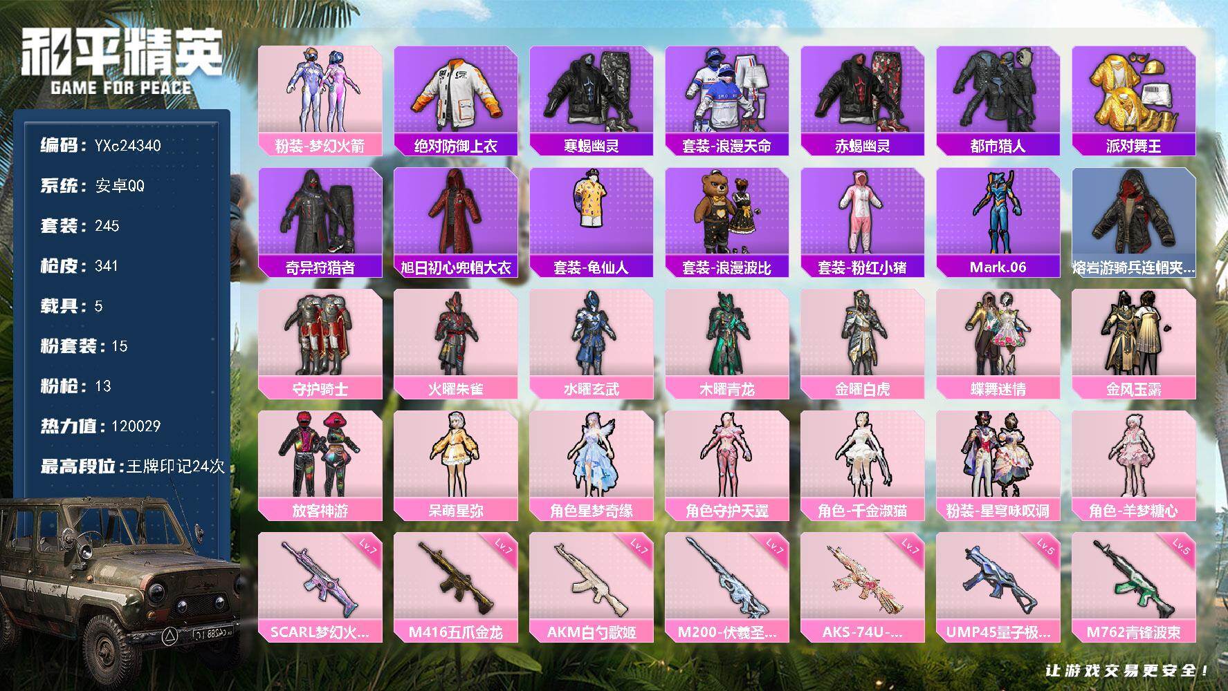 和平精英账号安卓QQ5载具-245套装-341枪皮-【巡查衣 赤蝎 寒蝎 都市 金鞋 金玛莎 新101 放客 3级AUG