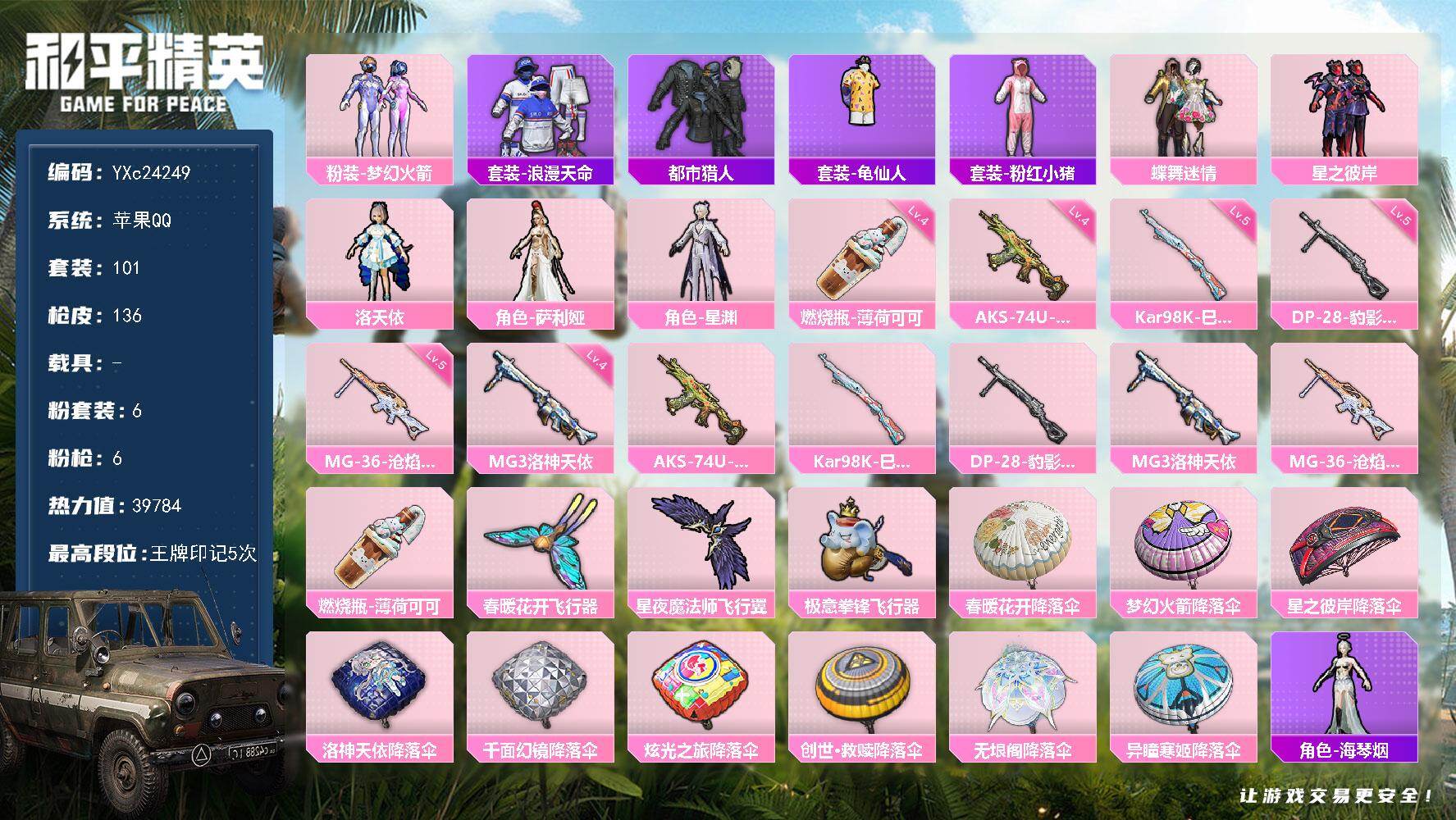 和平精英账号苹果QQ0载具-101套装-136枪皮-【都市 新101 满地铁天赋】YXc24249-【无二次协助处理】【