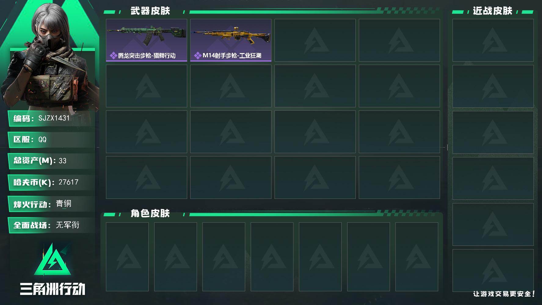 三角洲行动账号QQ【SJZX1431】总资产(M)：33M/哈夫币(K)：27617K/哈夫币(K)：27617K/全面战场等级：1_段位：无段位/烽火地带等级：25_段位：青铜/腾龙突击步枪-猎鳄行动/M14射手步
