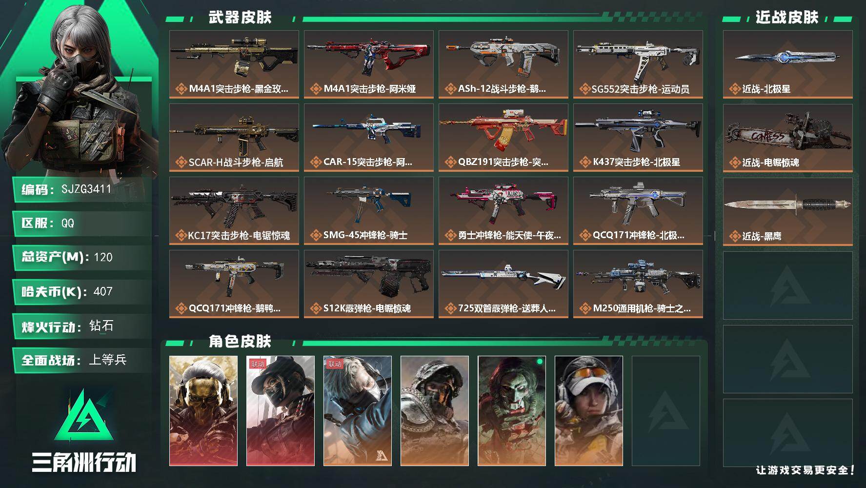三角洲行动账号QQ【SJZG3411】总资产(M)：120M/哈夫币(K)：407K/哈夫币(K)：407K/传说枪皮数：21/全面战场等级：50_段位：上等兵/烽火地带等级：60_段位：钻石/红狼-蚀金玫瑰/露娜-