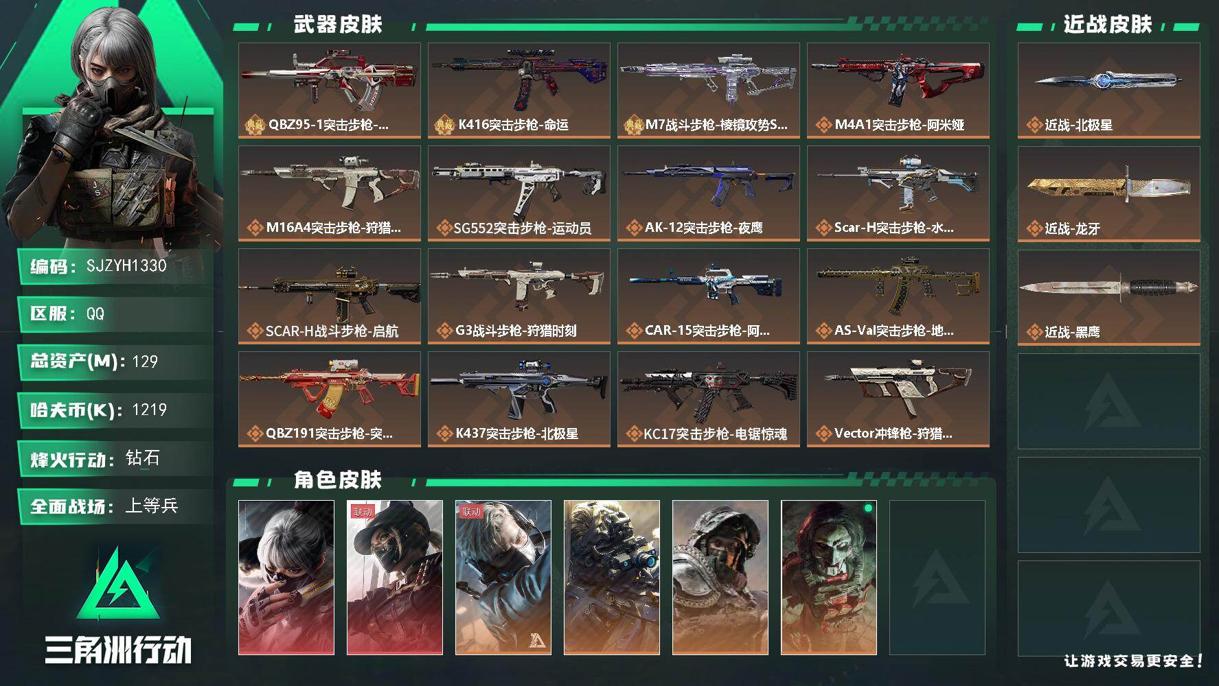 三角洲行动账号QQ【SJZYH1330】总资产(M)：129M/哈夫币(K)：1219K/哈夫币(K)：1219K/传