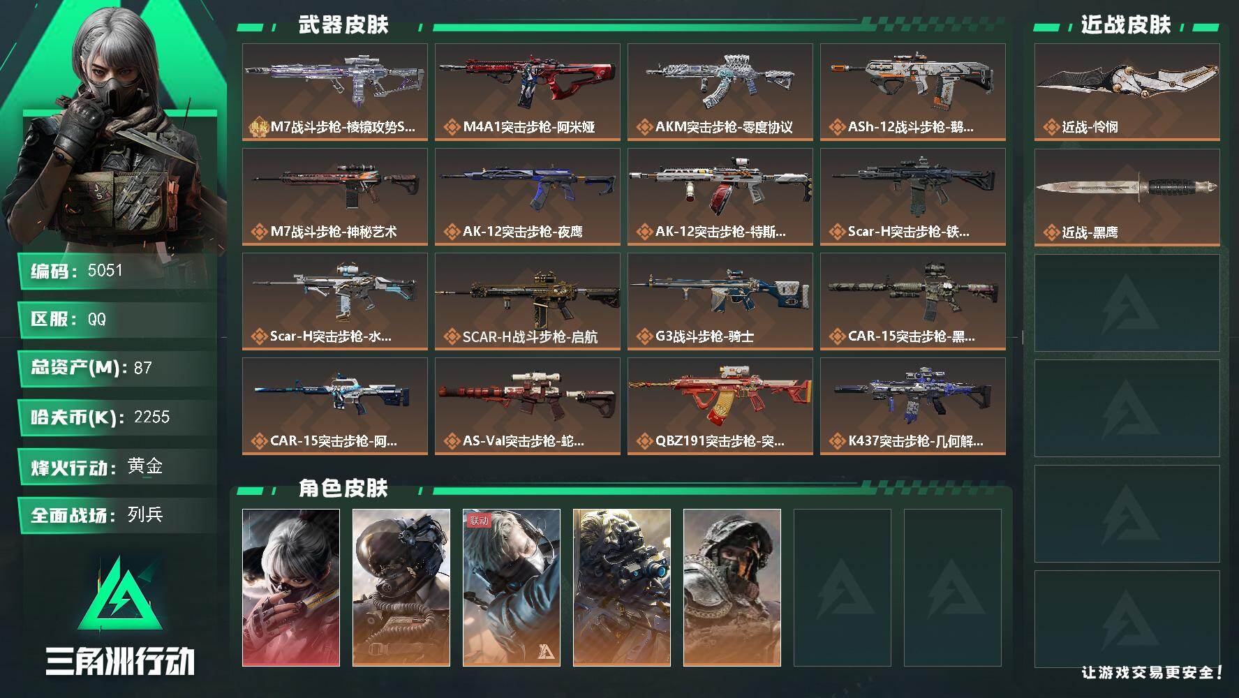 三角洲行动账号QQ总资产(M)：87M/哈夫币(K)：2255K/哈夫币(K)：2255K/传说枪皮数：30/全面战场