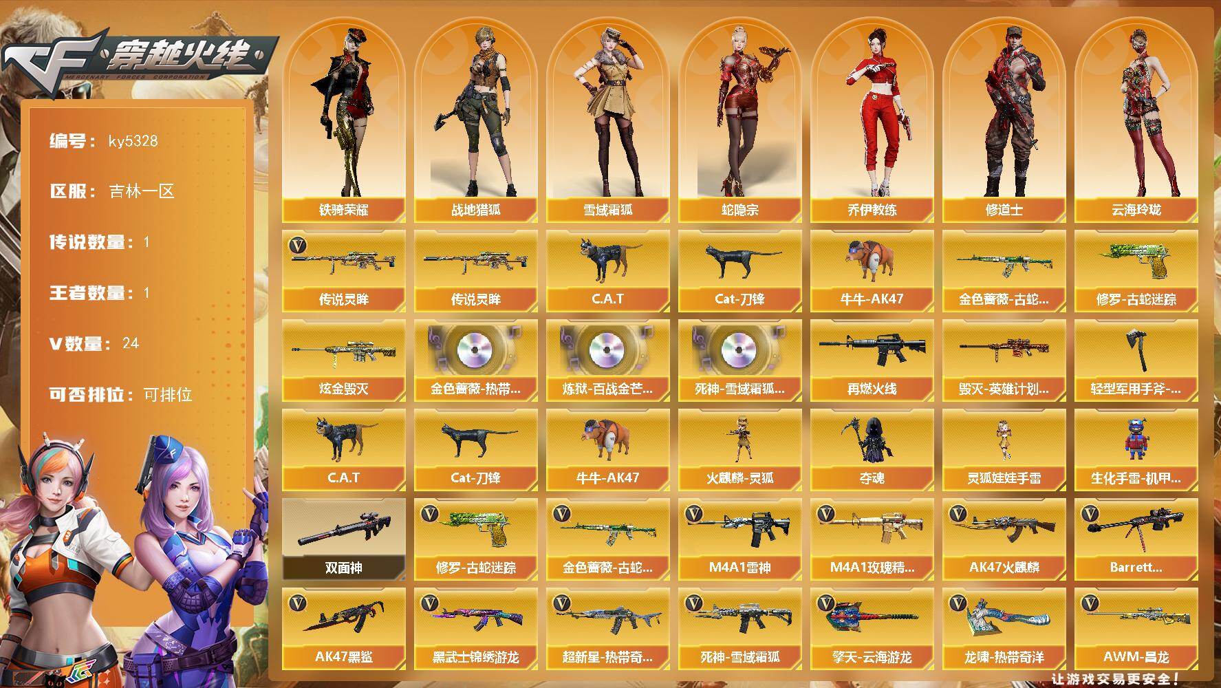 穿越火线账号北部战区吉林一区吉林一区-18V-1王者武器数-1炫金武器数
【传说武器】：传说灵眸
【热门武器】：传说灵眸，金色蔷