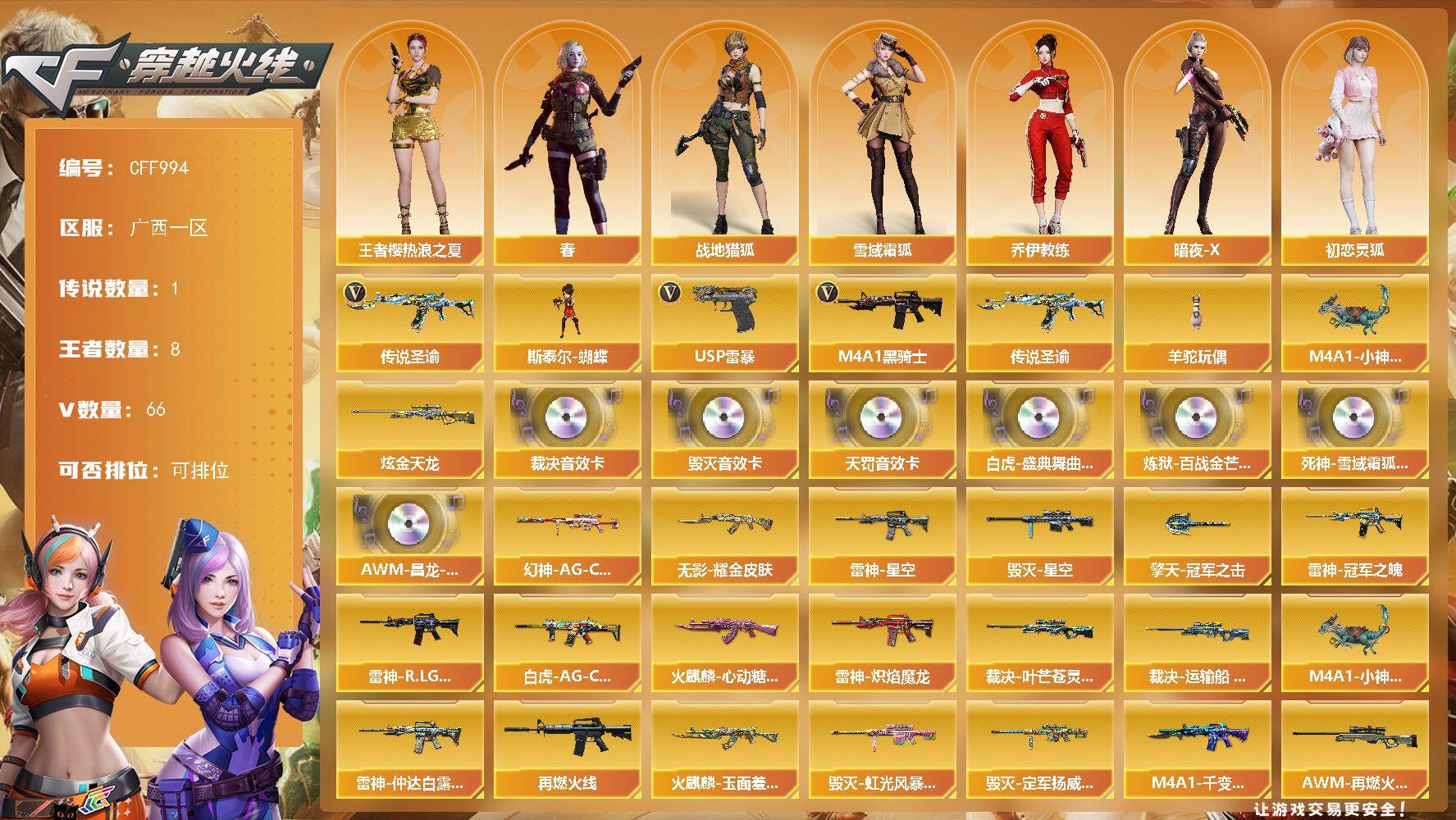 穿越火线账号南部战区【CFF994】60V/100级/元帅/1传说/8王者/1炫金/6英雄/传说圣谕/传说星骇/M4A1