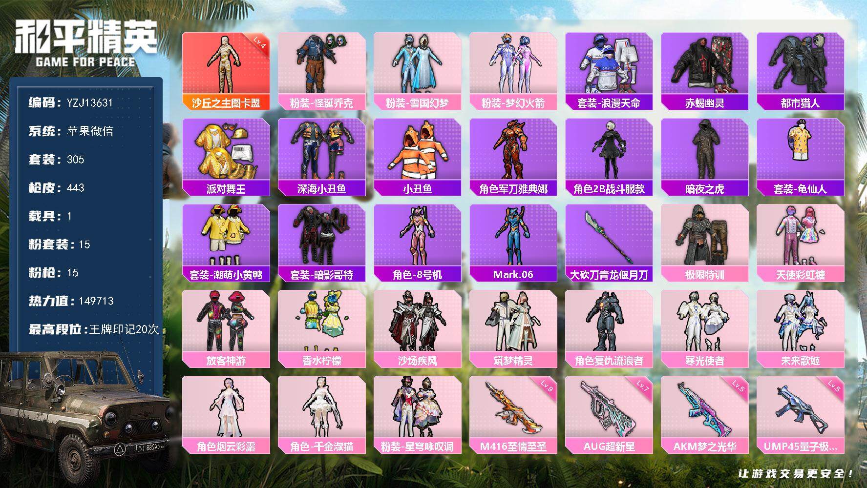 和平精英账号苹果微信1载具-305套装-443枪皮-YZJ13631-包人脸-苹果V-1红装6稀有1载具15粉装15特效