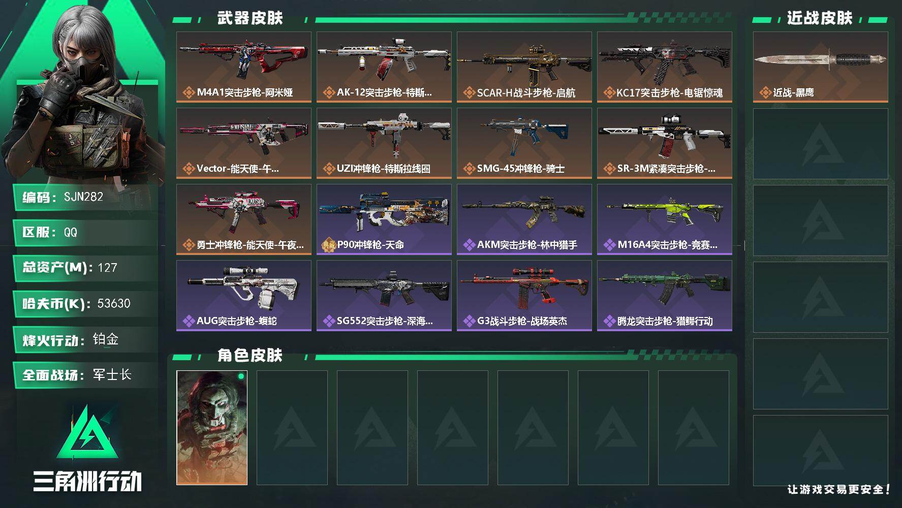 三角洲行动账号QQ【SJN282】总资产(M)：127M/哈夫币(K)：53630K/哈夫币(K)：53630K/传说枪皮数：9/全面战场等级：50_段位：军士长/烽火地带等级：60_段位：铂金/红狼-电锯惊魂/近战