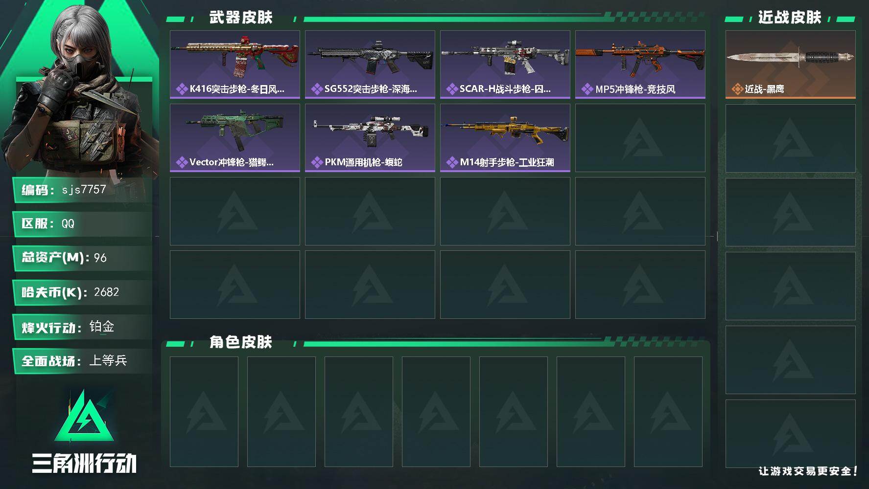 三角洲行动账号QQ【sjs7757】总资产95m 等级60 特勤体力3负重1 烽火地带段位: 铂金 全面战场段位: 上