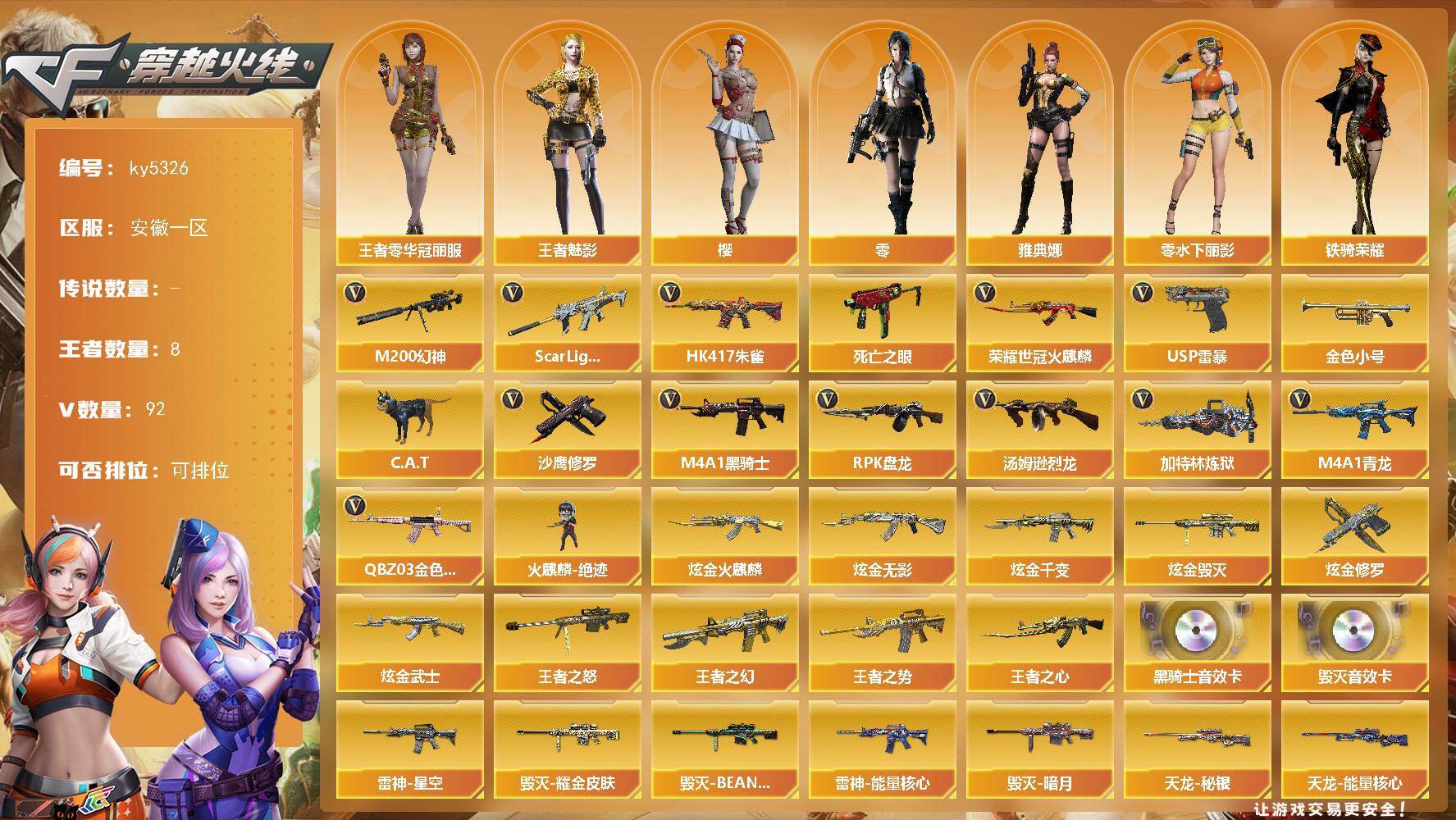 穿越火线账号东部战区安徽一区[16336167]安徽一区-97V-8王者武器数-7炫金武器数
【热门武器】：QBZ03-金色蔷薇，Scar Light-白虎，HK417-朱雀，M4A1-青龙，M200-幻神，死亡之眼，荣耀世冠-