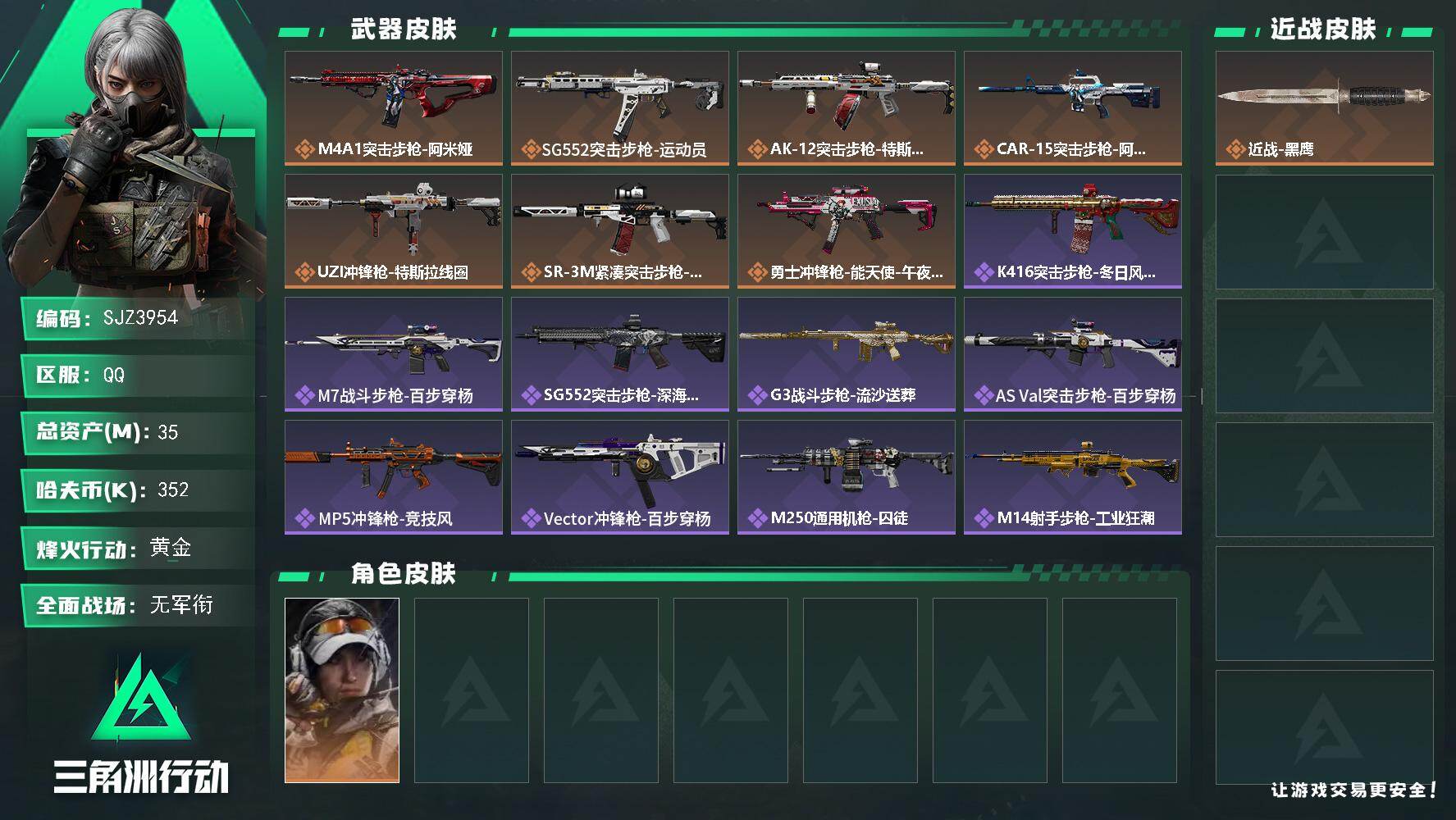 三角洲行动账号QQ【SJZ3954】总资产(M)：35M/哈夫币(K)：352K/哈夫币(K)：352K/传说枪皮数：7/全面战场等级：1_段位：无段位/烽火地带等级：60_段位：黄金/露娜-金牌射手/近战-黑鹰/M