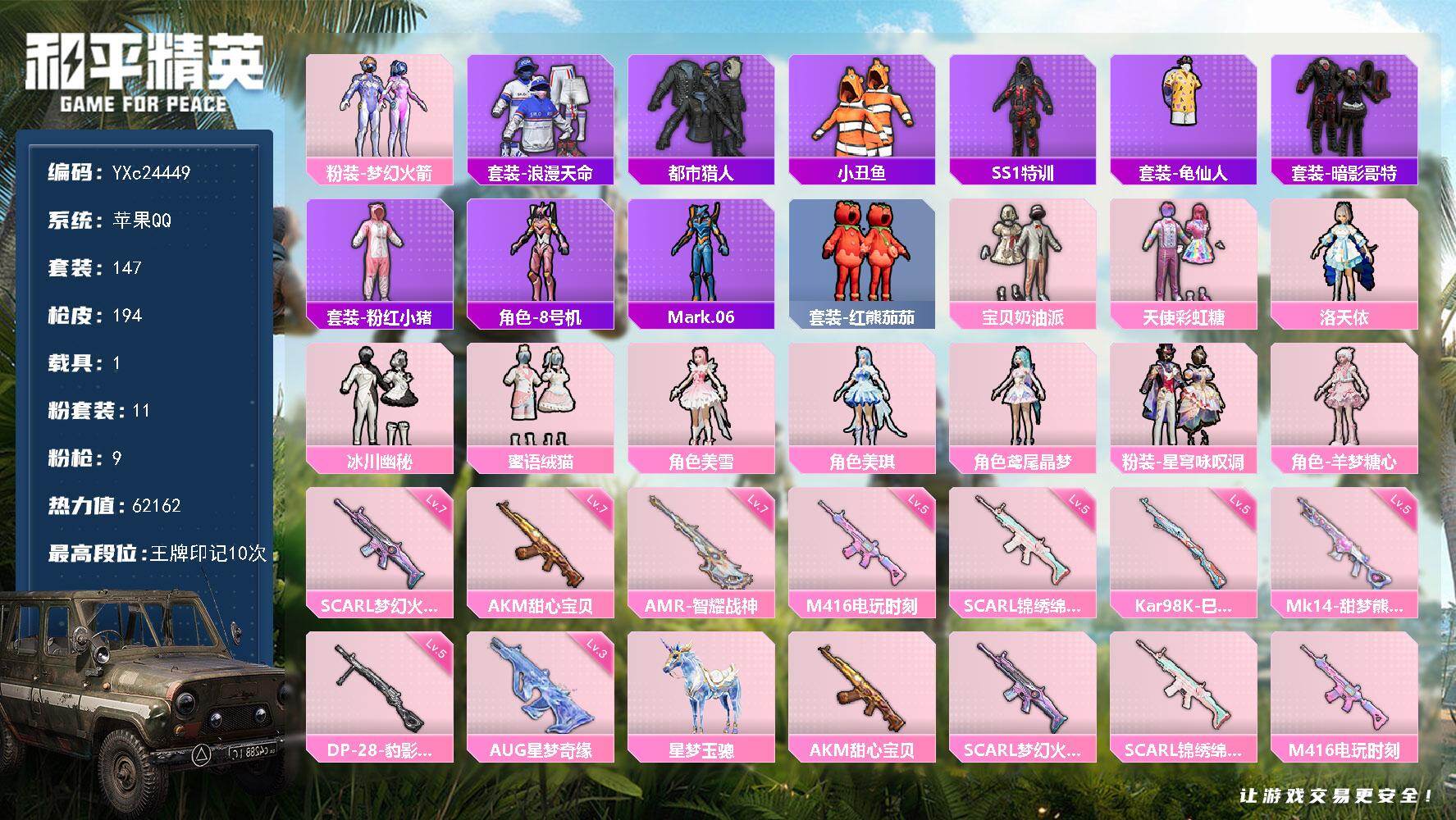 和平精英账号苹果QQ1载具-147套装-194枪皮-【都市 新101 3级AUG星梦奇缘 番茄 哥特 满地铁天赋】YXc