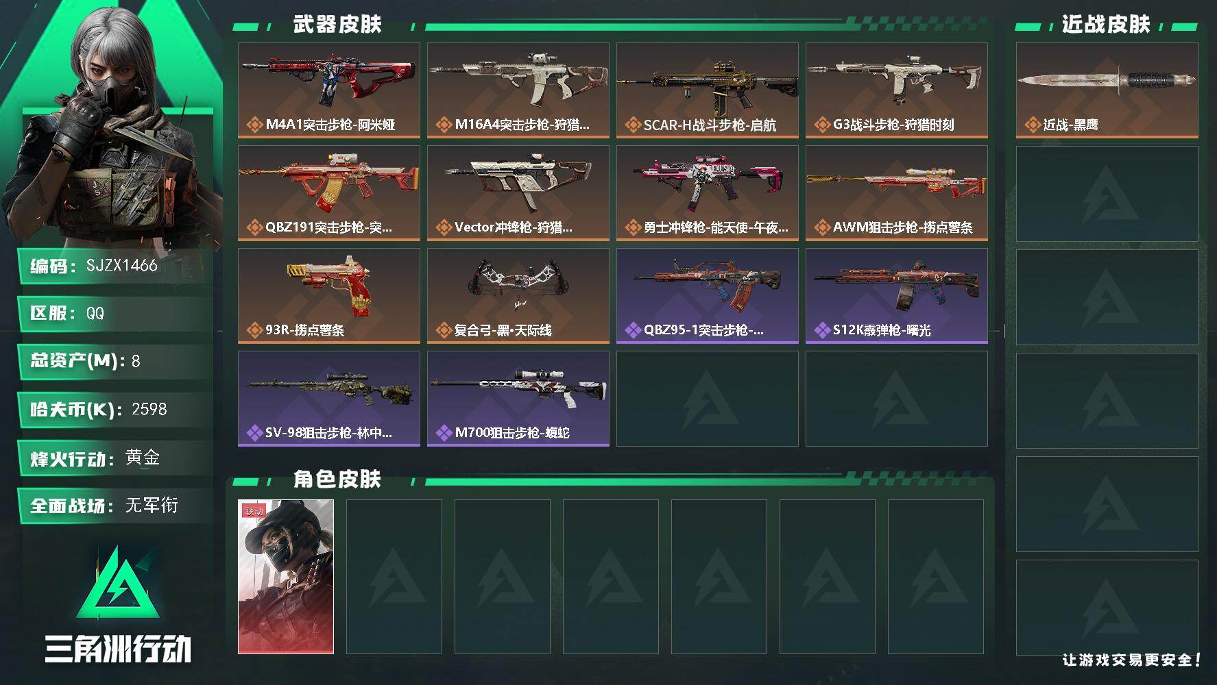三角洲行动账号QQ【SJZX1466】总资产(M)：8M/哈夫币(K)：2598K/哈夫币(K)：2598K/传说枪皮