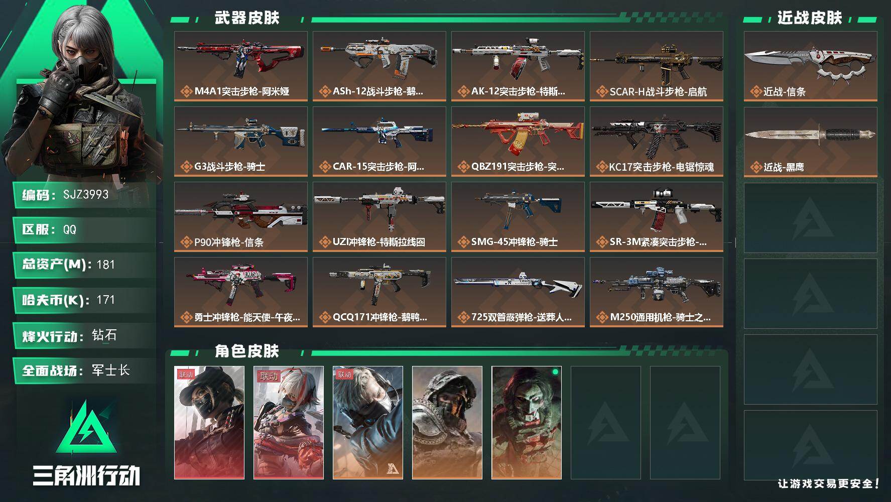 三角洲行动账号QQ【SJZ3993】总资产(M)：181M/哈夫币(K)：171K/哈夫币(K)：171K/传说枪皮数：22/全面战场等级：50_段位：军士长/烽火地带等级：60_段位：钻石/露娜-黑·天际线/骇爪-