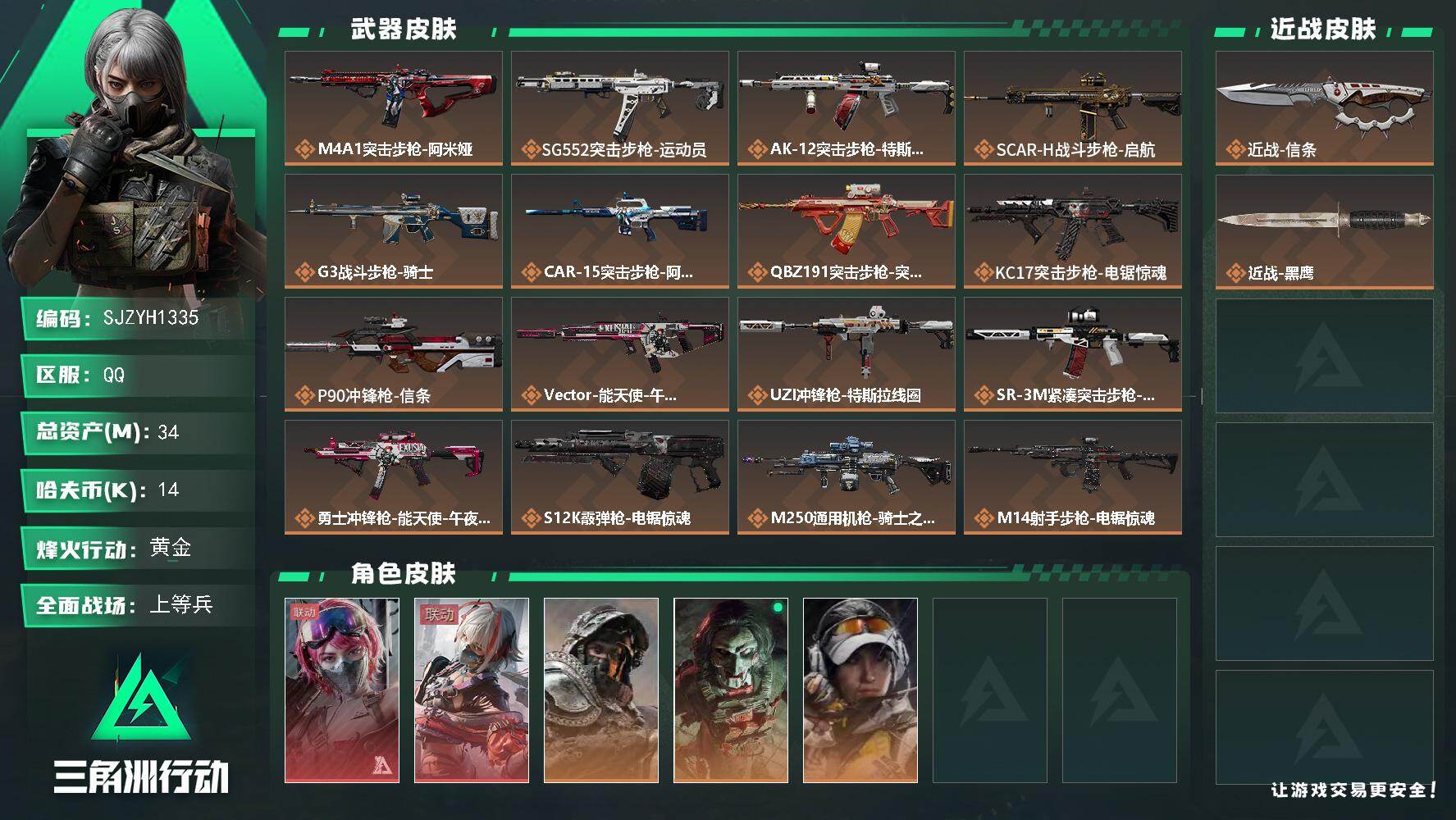 三角洲行动账号QQ【SJZYH1335】总资产(M)：34M/哈夫币(K)：14K/哈夫币(K)：14K/传说枪皮数：20/全面战场等级：28_段位：上等兵/烽火地带等级：60_段位：黄金/蛊-能天使午夜邮差/骇爪-