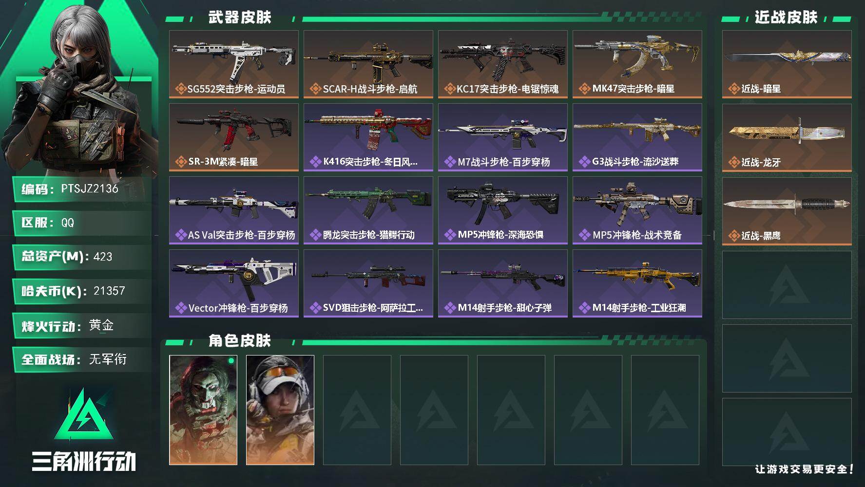 三角洲行动账号QQ【PTSJZ2136】总资产(M)：423M/哈夫币(K)：21357K/哈夫币(K)：21357K