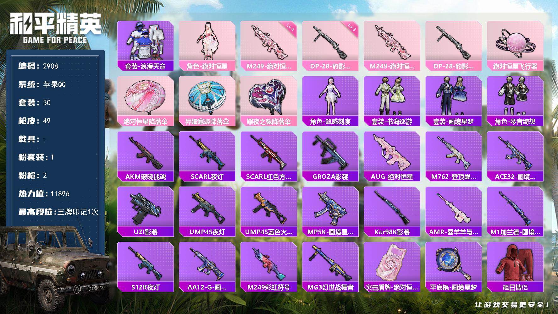 和平精英账号苹果QQ0载具-30套装-49枪皮-30套装/枪械2/装备60/战备32/王牌印记1/热力值11896/四级