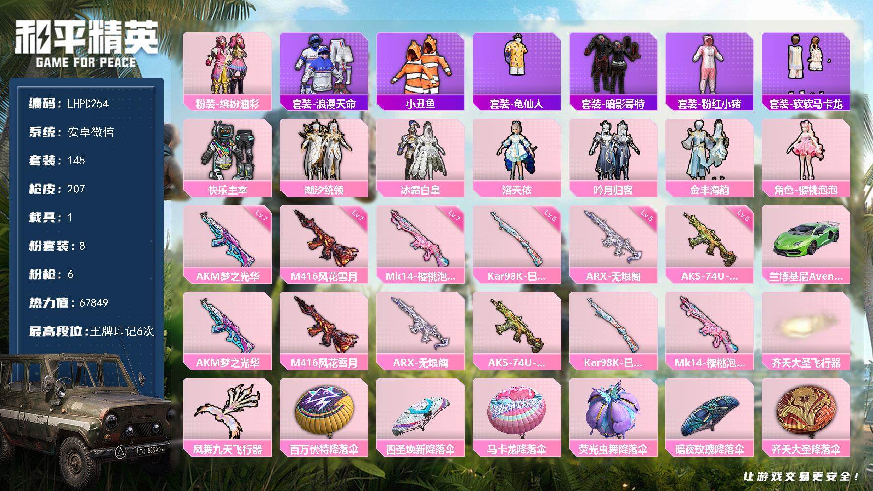 和平精英账号安卓微信【特价出售/店主推荐】安卓 微信-8粉装-6特效枪-1载具-2粉色飞行器-67849热力值-6王牌印记-145套装-207枪皮【热门品类】：粉装-缤纷油彩，套装-浪漫天命，套装-小丑鱼，套装-龟仙人