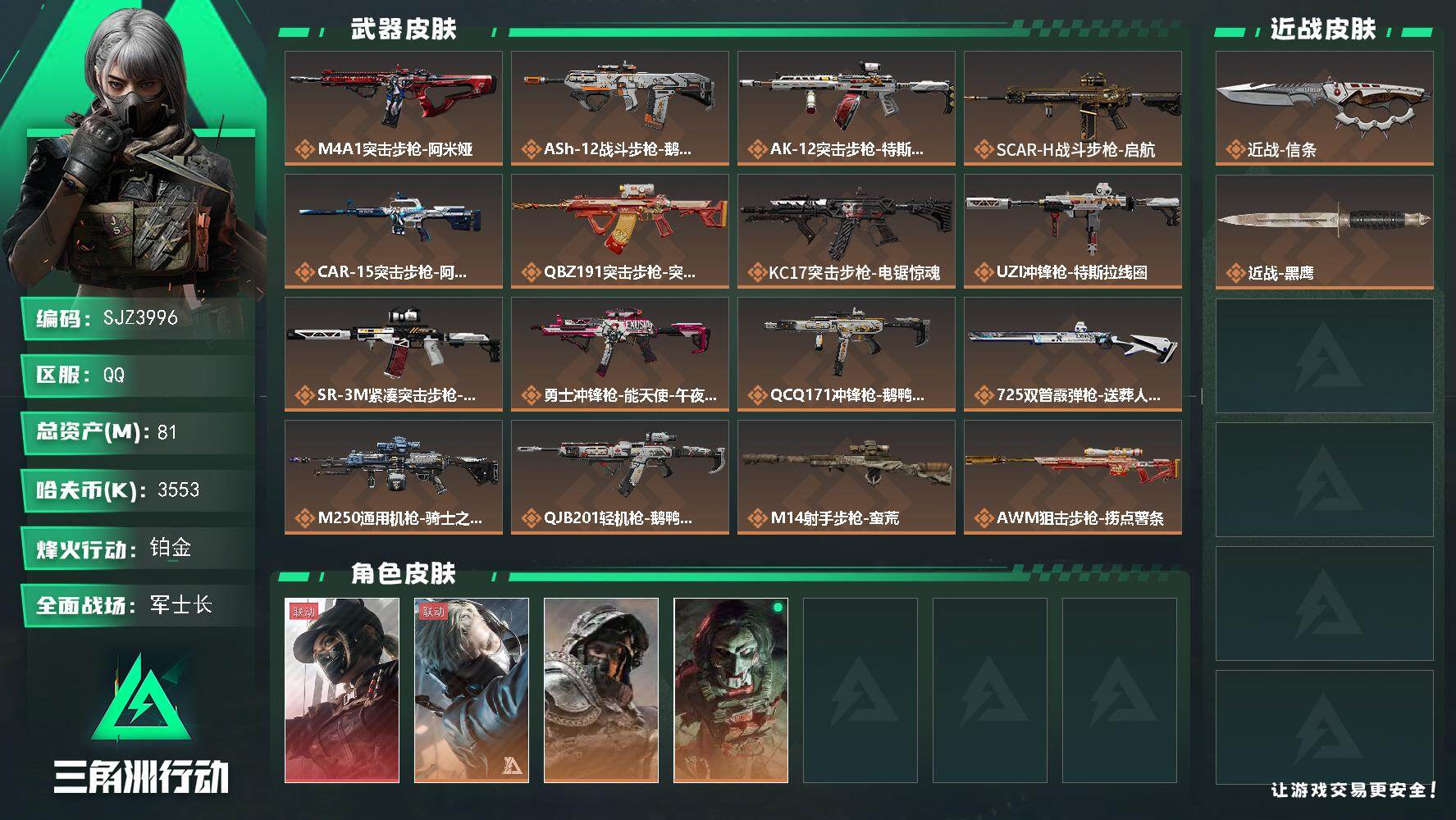 三角洲行动账号QQ【SJZ3996】总资产(M)：81M/哈夫币(K)：3553K/哈夫币(K)：3553K/传说枪皮数：18/全面战场等级：50_段位：军士长/烽火地带等级：60_段位：铂金/露娜-黑·天际线/蜂医