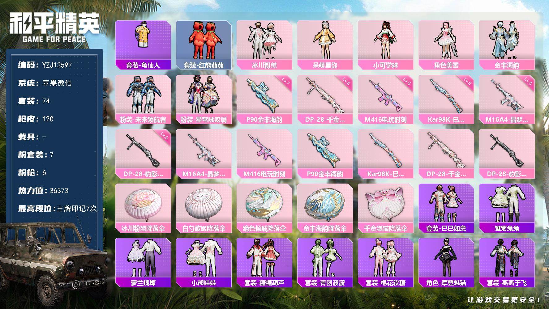 和平精英账号苹果微信0载具-74套装-120枪皮-可二次  苹果V-7粉装6特效枪4热门74套装120枪皮 36373热