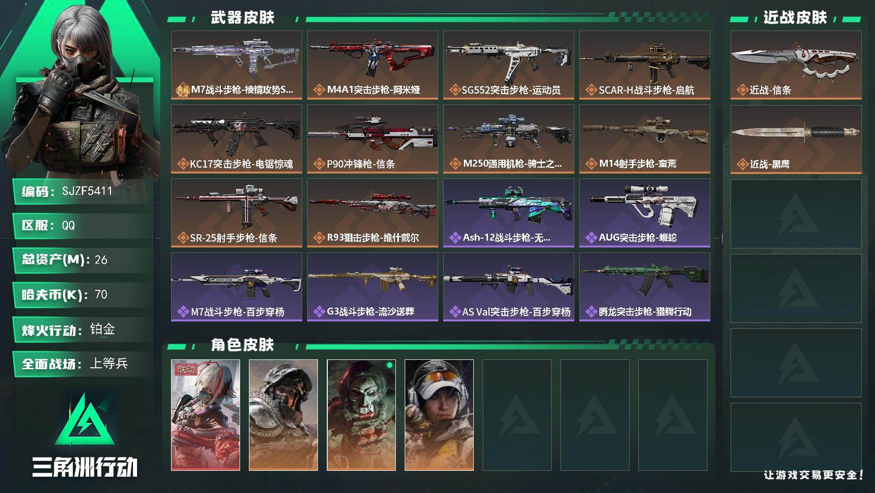 三角洲行动账号QQ【SJZF5411】总资产(M)：26M/哈夫币(K)：70K/哈夫币(K)：70K/传说枪皮数：10/全面战场等级：28_段位：上等兵/烽火地带等级：60_段位：铂金/骇爪-维什戴尔/深蓝-不破誓