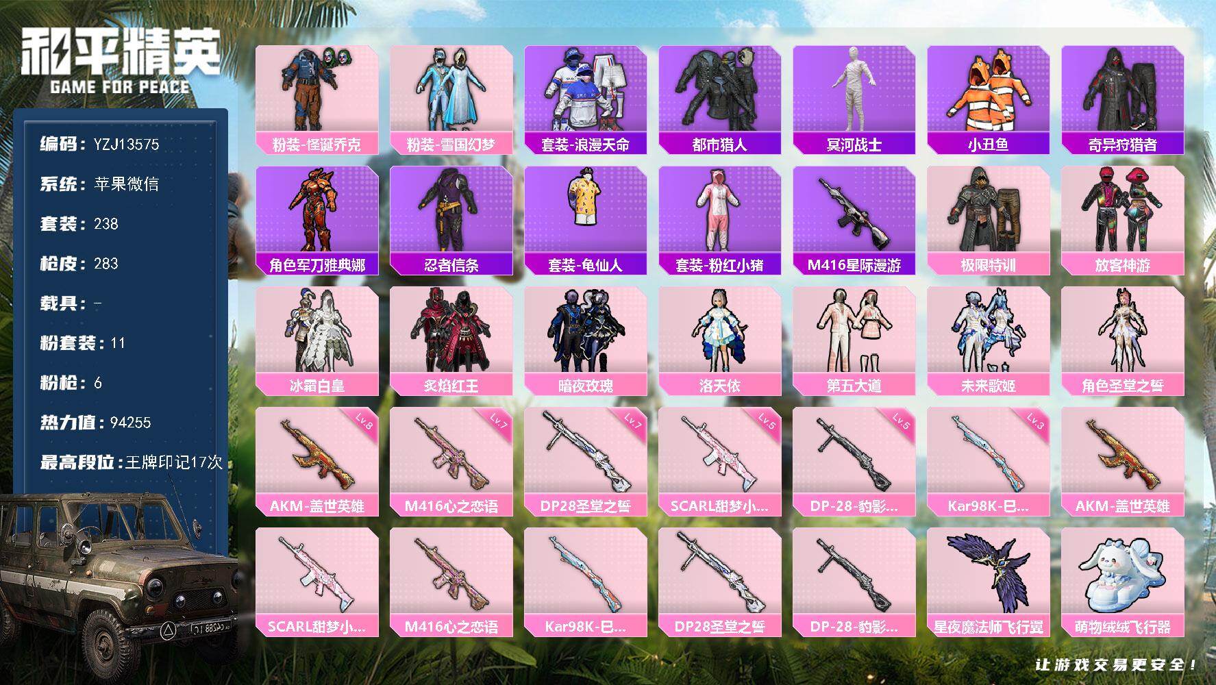和平精英账号苹果微信0载具-238套装-283枪皮-可二次 苹果V 小丑 雪国 木乃伊 放客 连体王者（7金标 4万战 