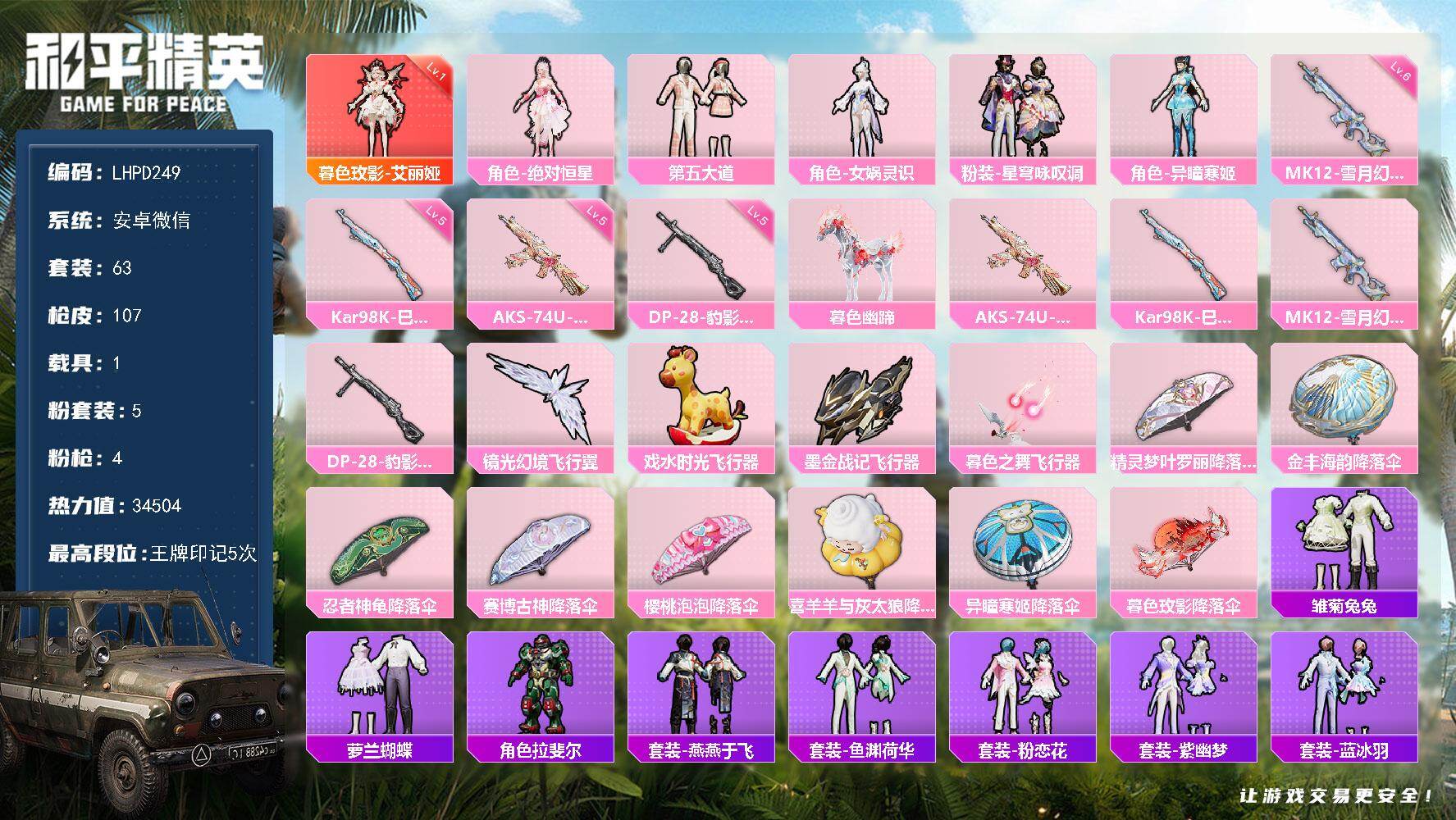 和平精英账号安卓微信1载具-63套装-107枪皮-【特价出售/店主推荐】安卓 微信-1神装-5粉装-4特效枪-1载具-5